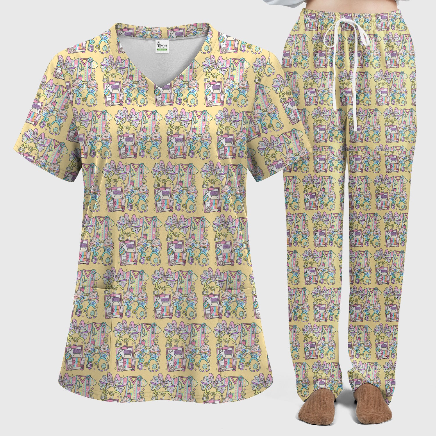 Colorful Nurse Scrub Supplies Pattern Scrub Set, Scrub Pants and V Neck Top