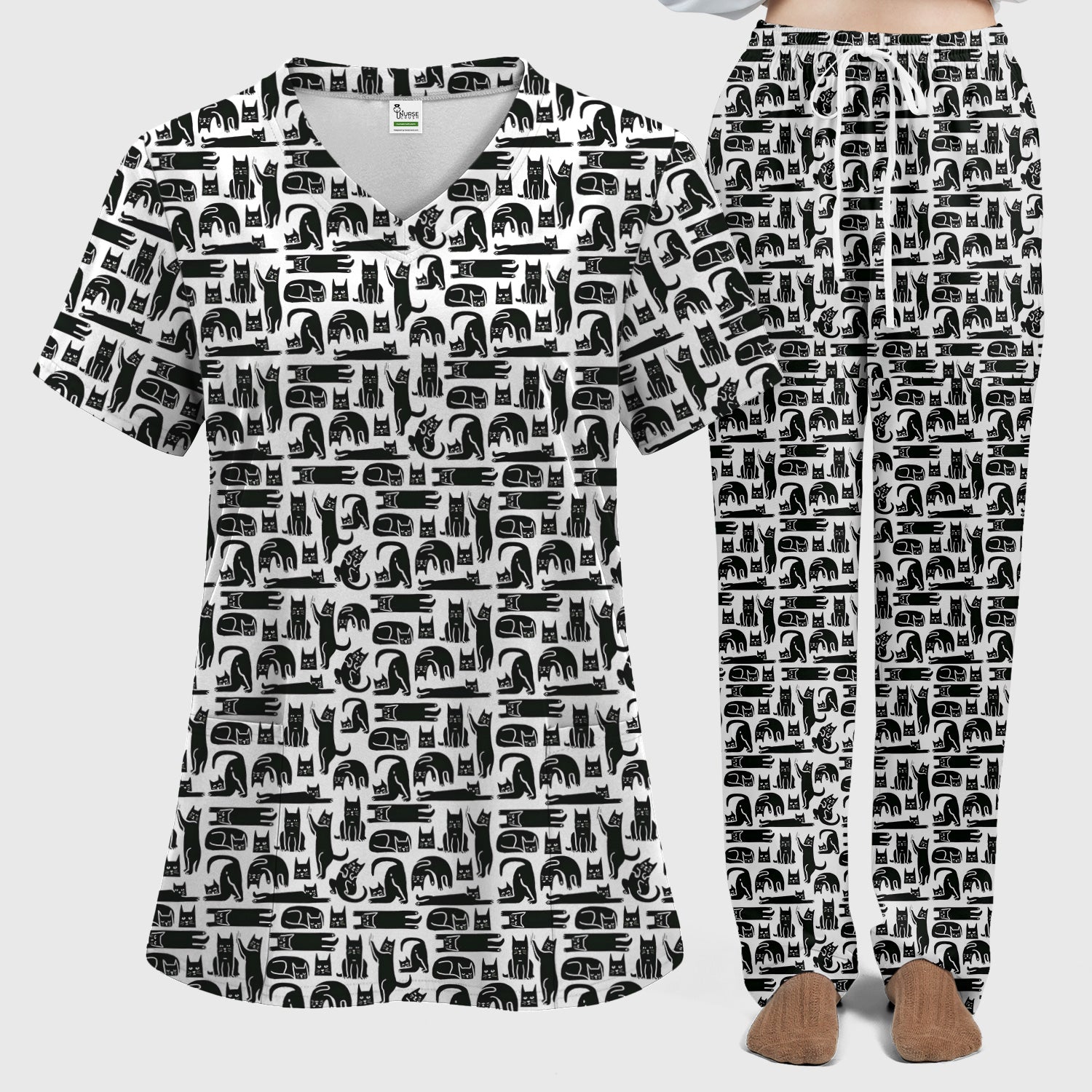 Cute Funny Cat Poses Print Scrub Sets, Scrub Pants and V Neck Top