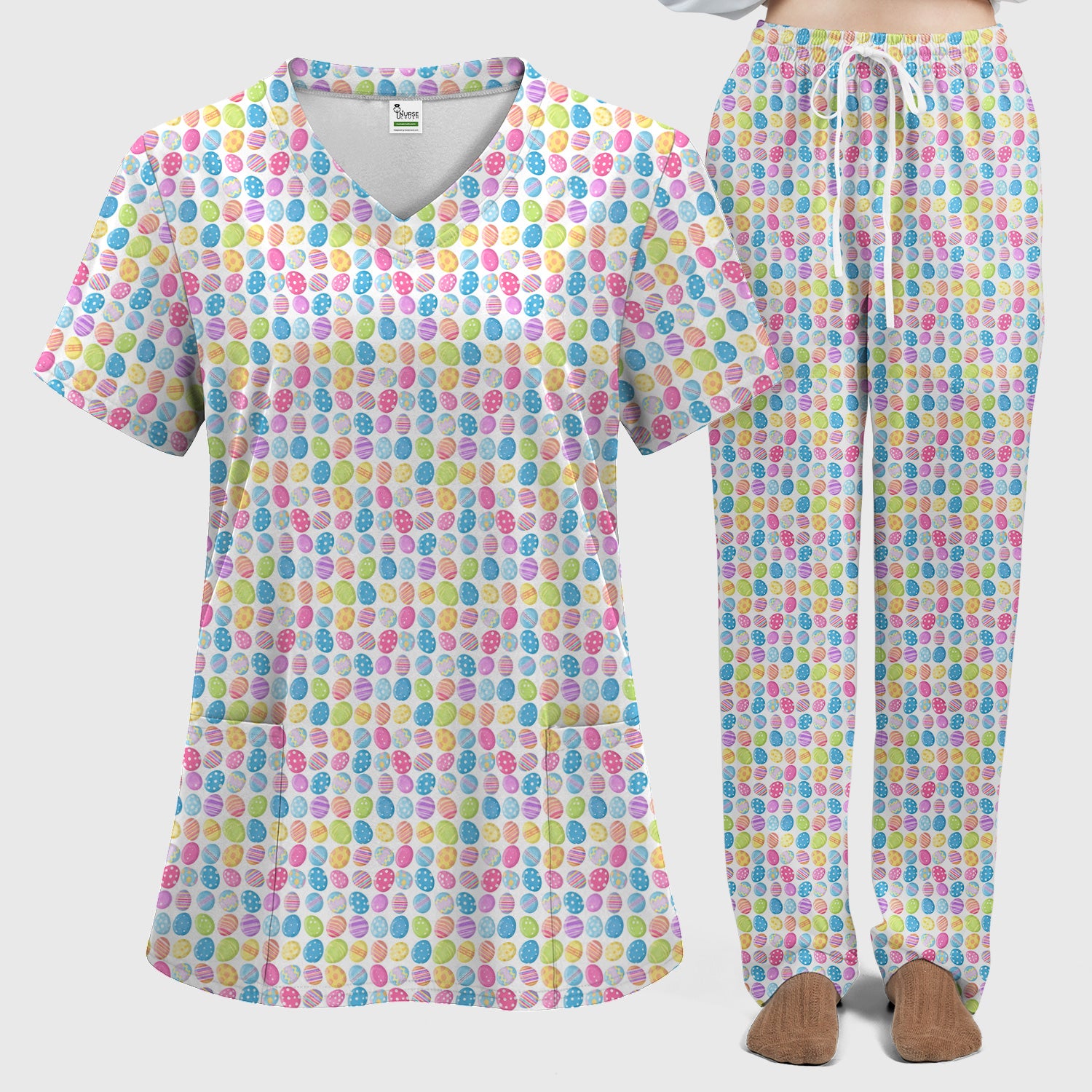 Colorful Easter Eggs Pattern Scrub Set, Scrub Pants and V Neck Top