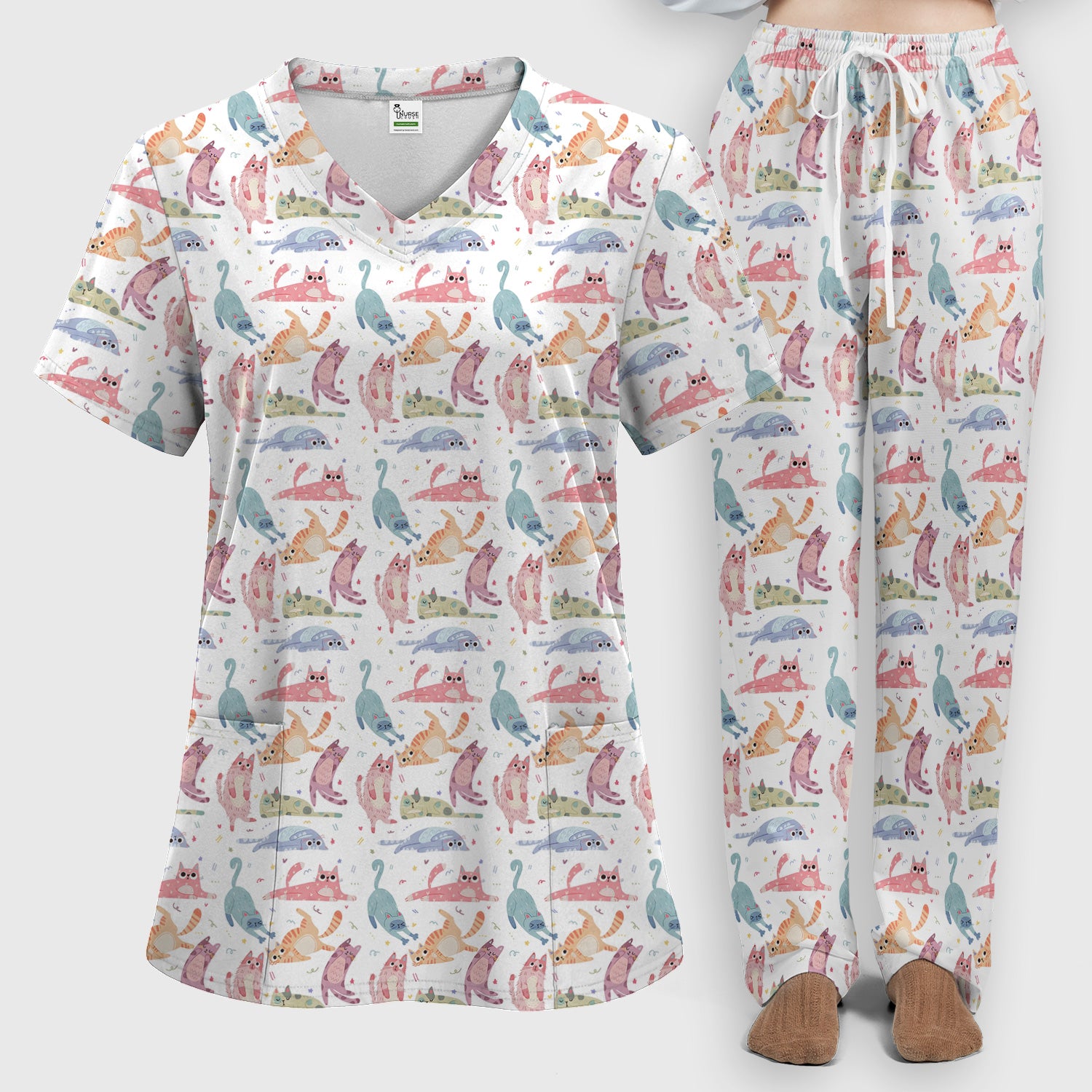 Funny Pastel Cat Pattern Medical Scrub Set, Breathable Fabrics Nursing Uniform