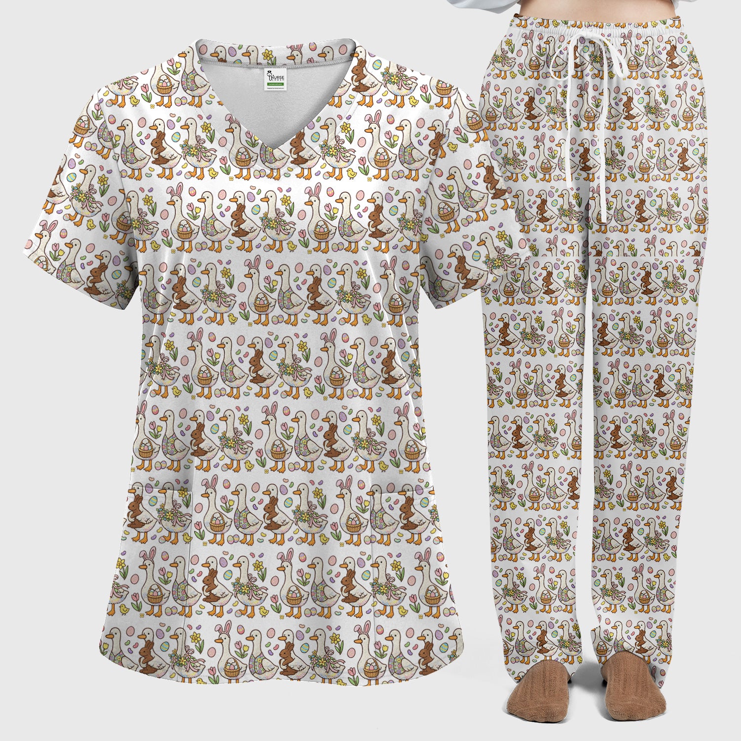 Easter Theme Duck and Bunny Egg Floral Print Scrub Set, Breathable Med Uniform