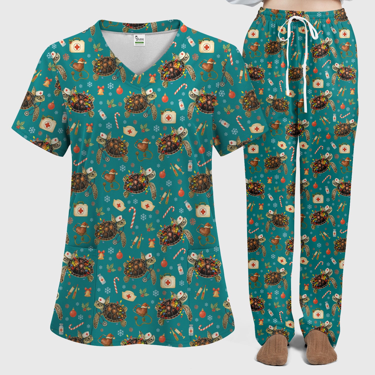 Funny Christmas Scrub Set - Sea Turtle with Xmas Lights Scrubs Pants and V Neck Top - Holiday Nurse Med Uniform for Women