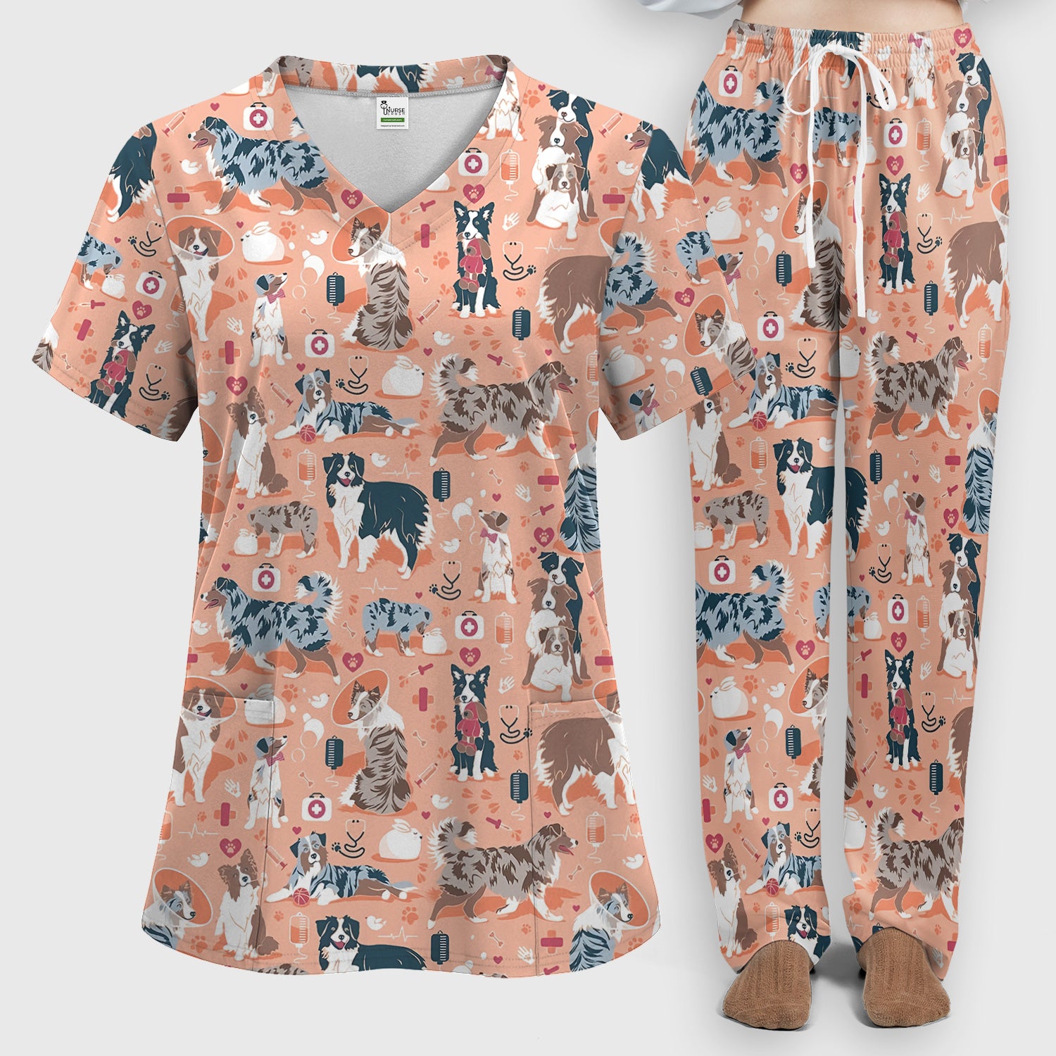 Cute Dog Pattern Women's Veterinary Scrub Set, Scrub Pants and V Neck Top