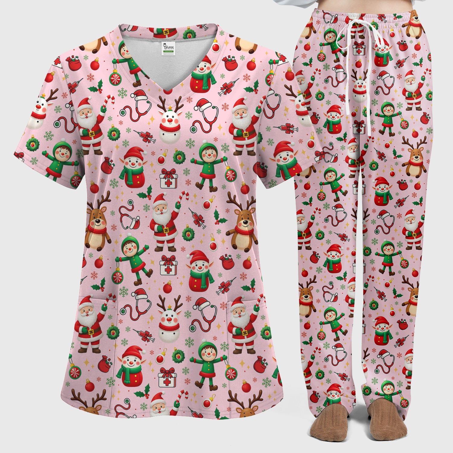 Santa Christmas Scrub Set - Cute Reindeer Scrubs Pants and V Neck Top - Festive Holiday Med Uniform for Women