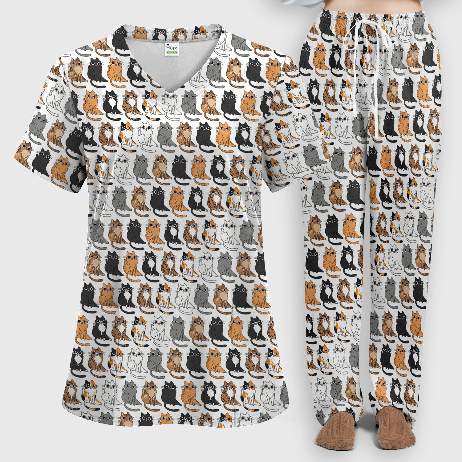 Cute Cartoon Cat Pattern Women's Scrub Set, Scrub Pants and V Neck Top