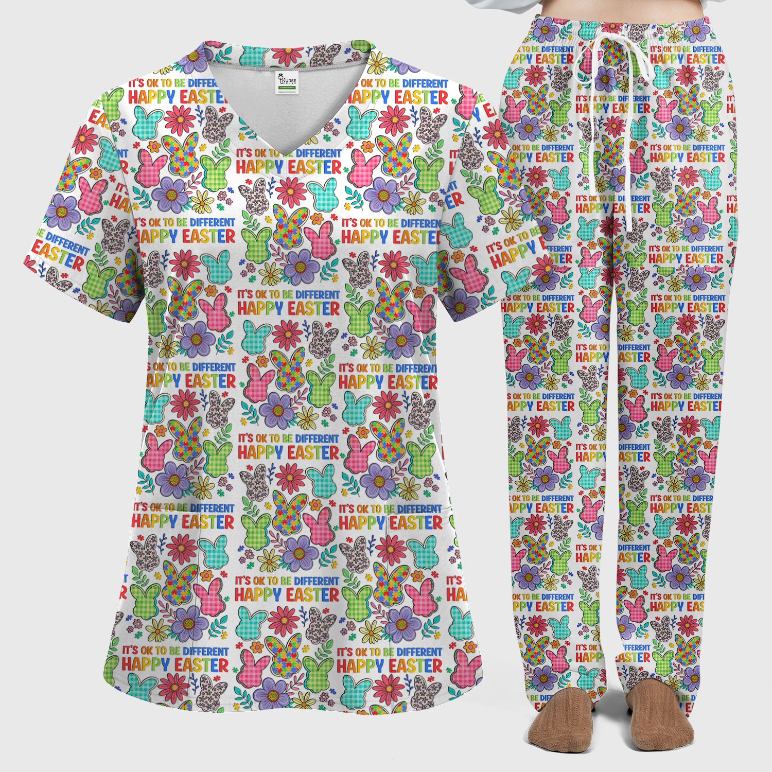 Happy Easter Bunny Floral Print Scrub Set, Breathable Med Uniform