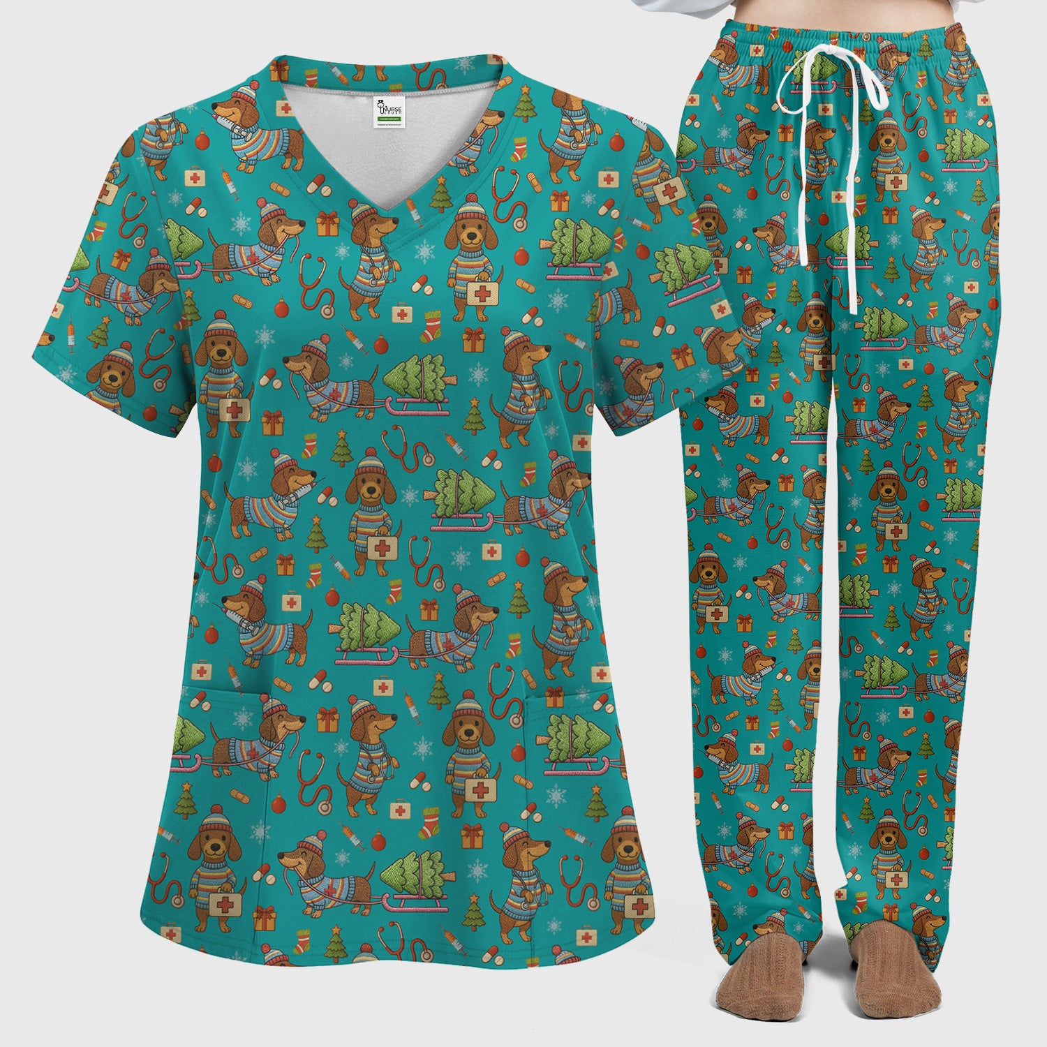 Dachshund Dog Scrub Set For Nurse, Funny Wiener Dog Lover Gift, Cute Dog 3D Knit Pattern Shirt