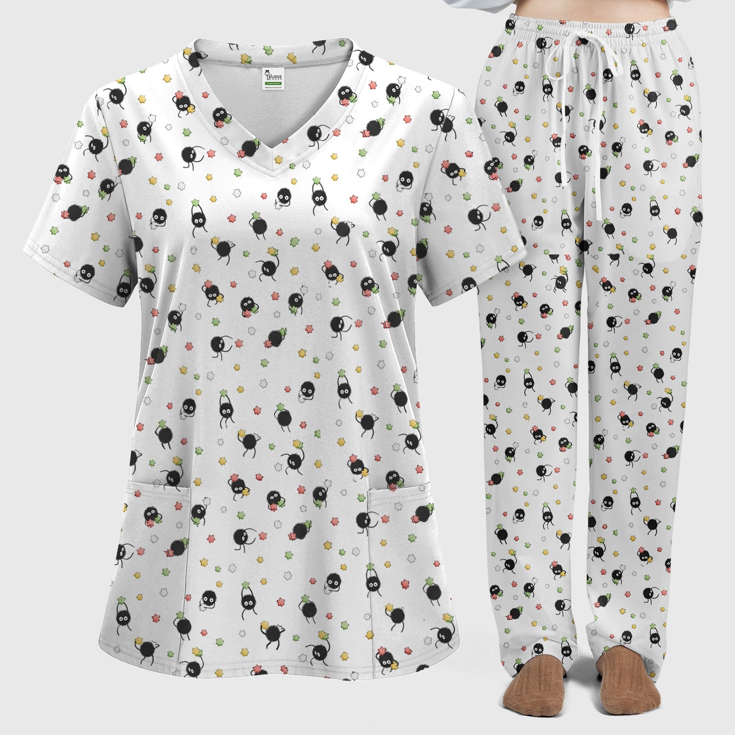 Funny Spider Pattern Pattern Pattern Scrub Set, Cartoon Spider Pattern Nursing Uniform For Women
