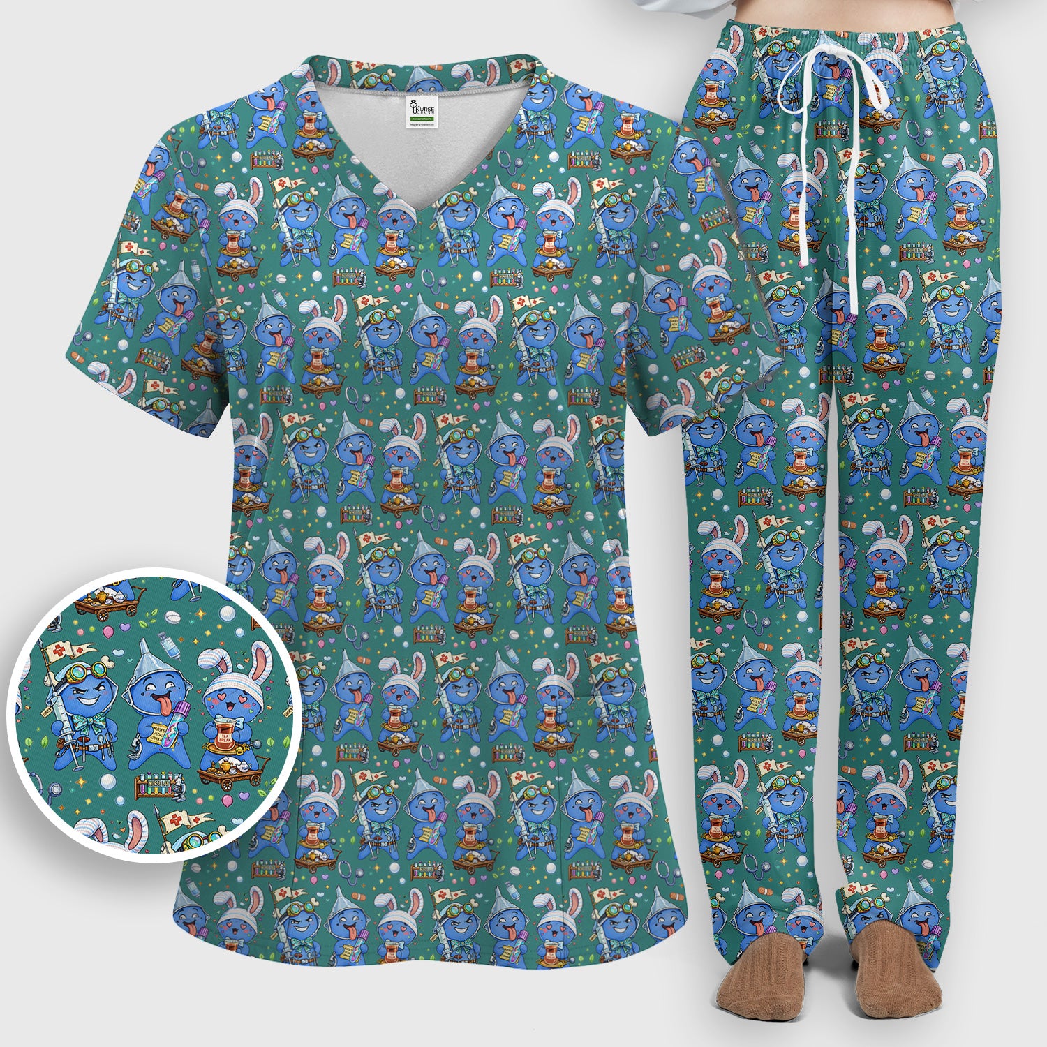 Cute Glove Doll Hospital Medical Cartoon Nurse Pattern Scrub Set, Women's Scrub Sets