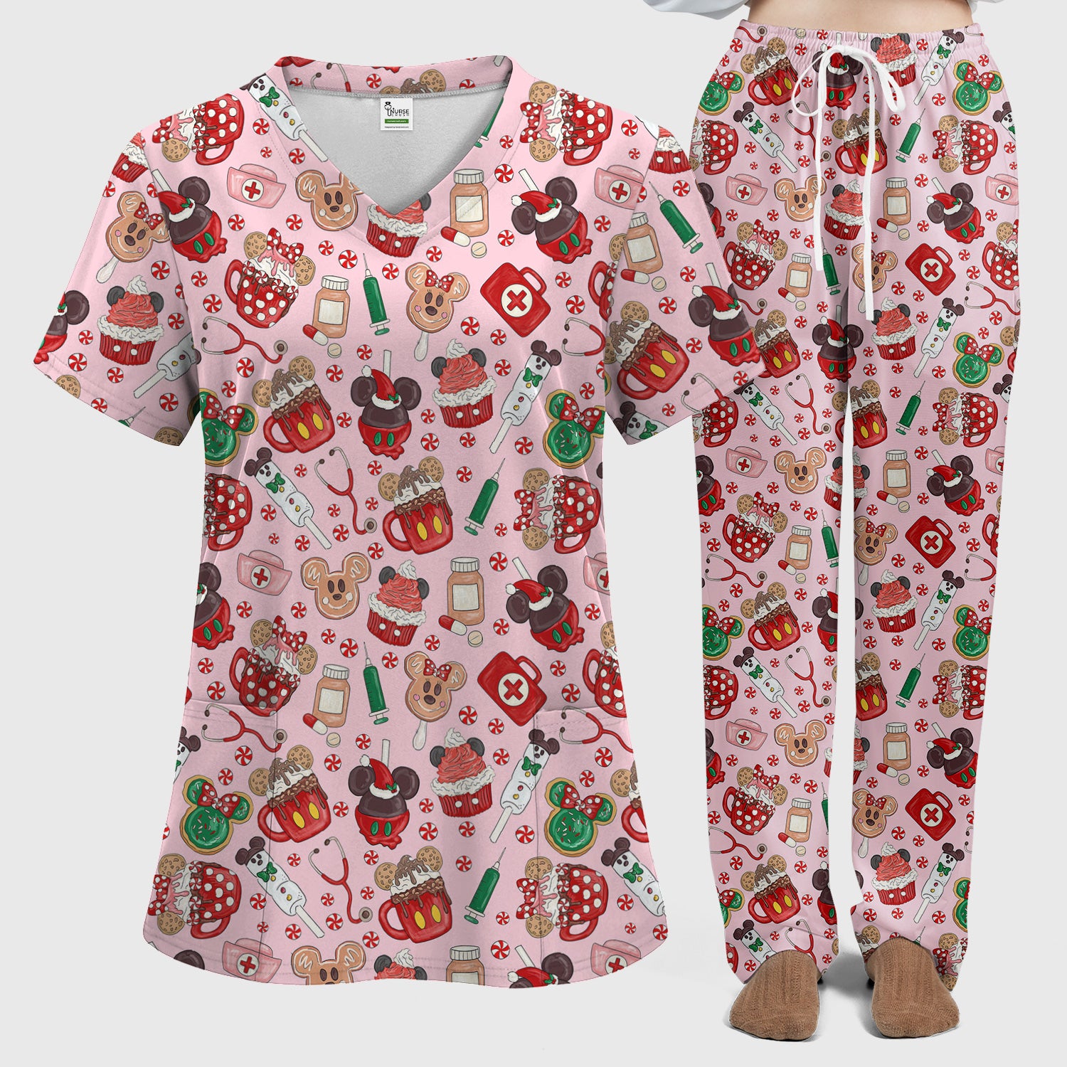 Gingerbread Christmas Comfortable Scrub Set for Nurses - Funny Cookies Candy Cupcake Pants and V Neck Top - Holiday Med Uniform