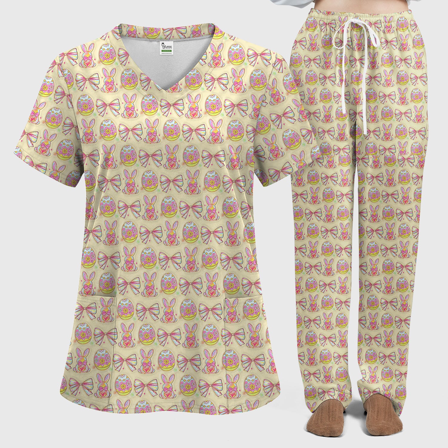 Easter Bunny Pastel Egg Bow Pattern Scrub Set, Breathable Med Uniform