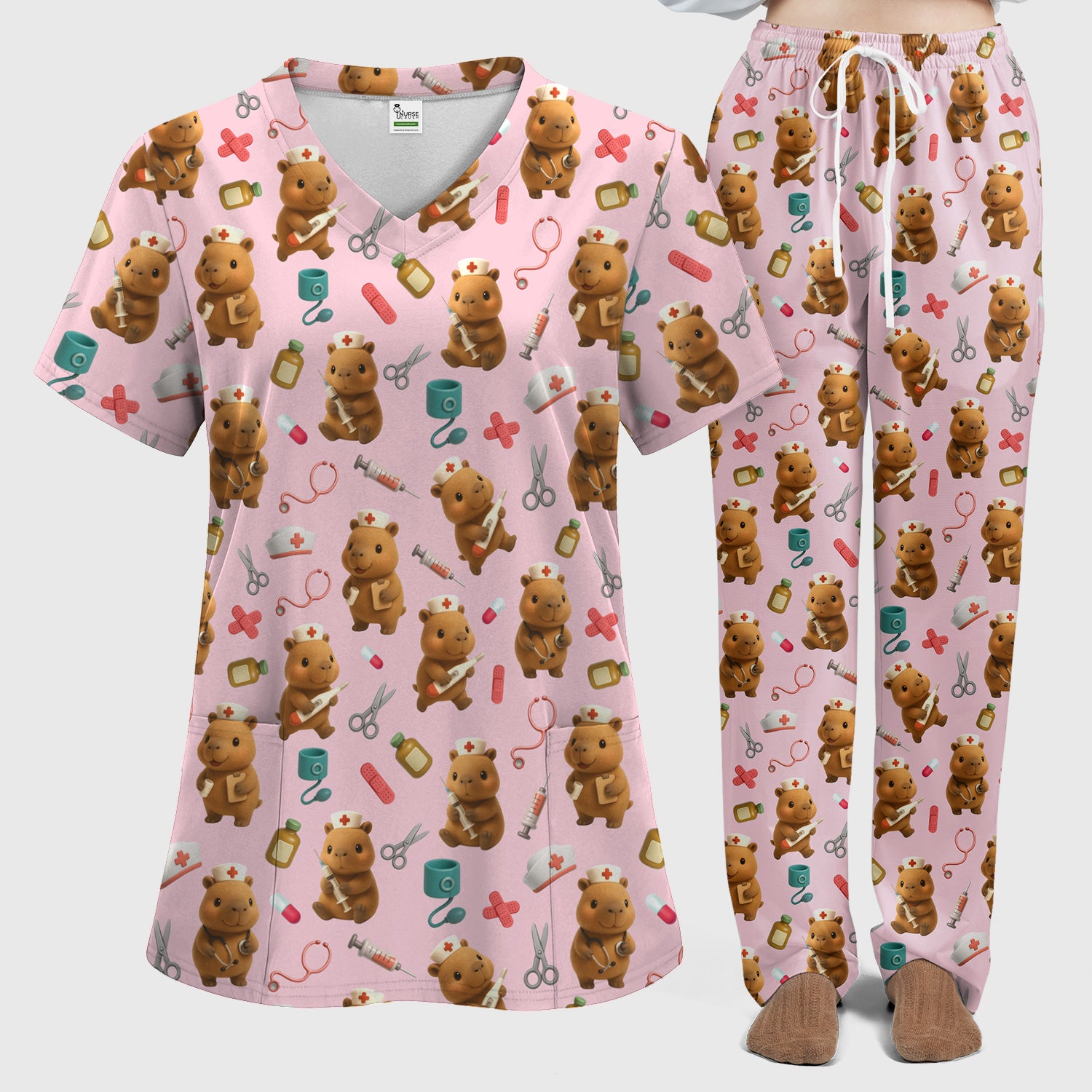 Bear Nurse Scrub Set for Women - Cute Animal Pattern Christmas Scrubs - Funny Medical Scrub Tops and Pants Gift Idea