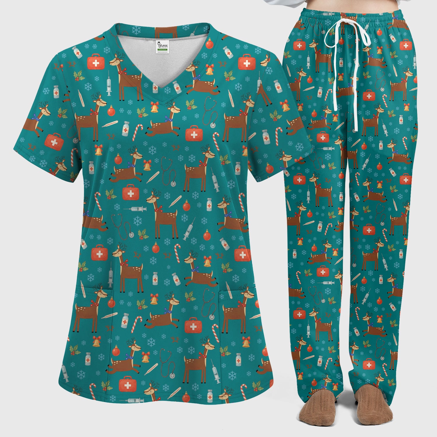 Reindeer Christmas Scrub Set - Snowflakes Candy Canes Holiday Scrubs Pants and V Neck Top - Xmas Gift for Women RN CNA LPN