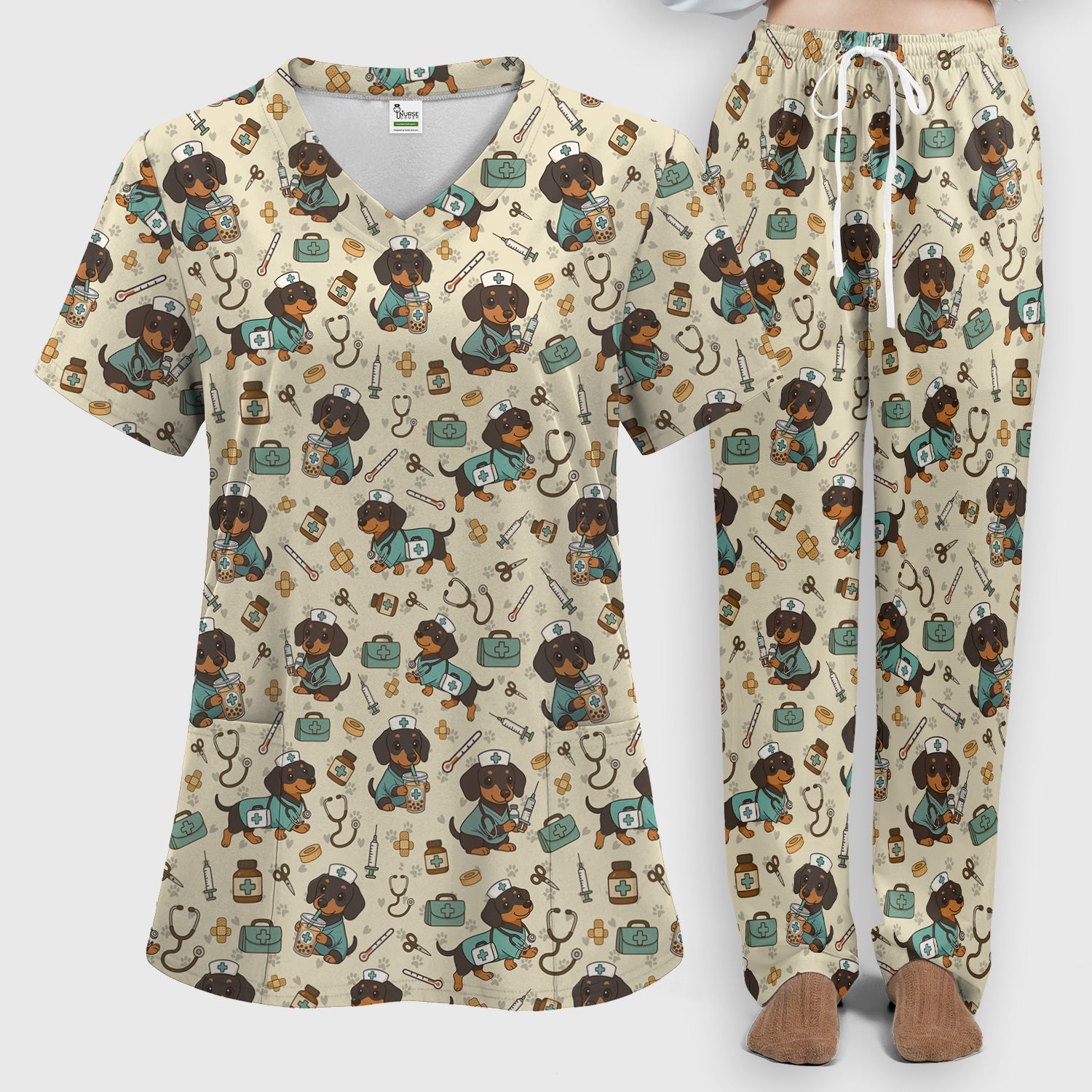 Funny Dachshund Nurse Scrubs Set - Cute Dog Print Medical Shirt - Holiday Nurse Scrub Top Gift for RN CNA Doctor, Women & Men