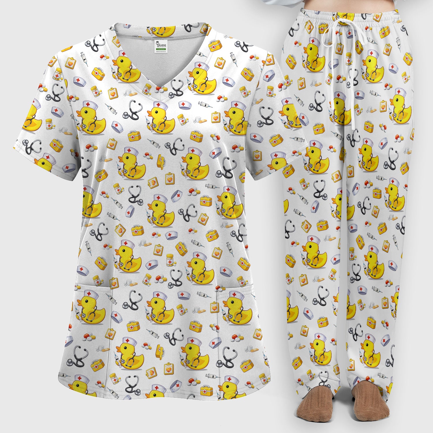 Playful Medical Duck Print Women's Scrub Set, Breathable Med Uniform