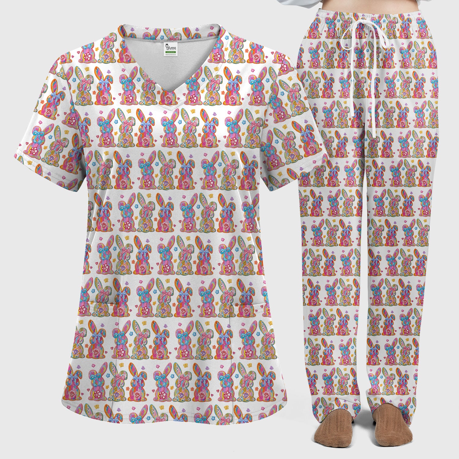 Cute Pastel Bunny Floral Pattern Scrub Set, Breathable Med Uniform
