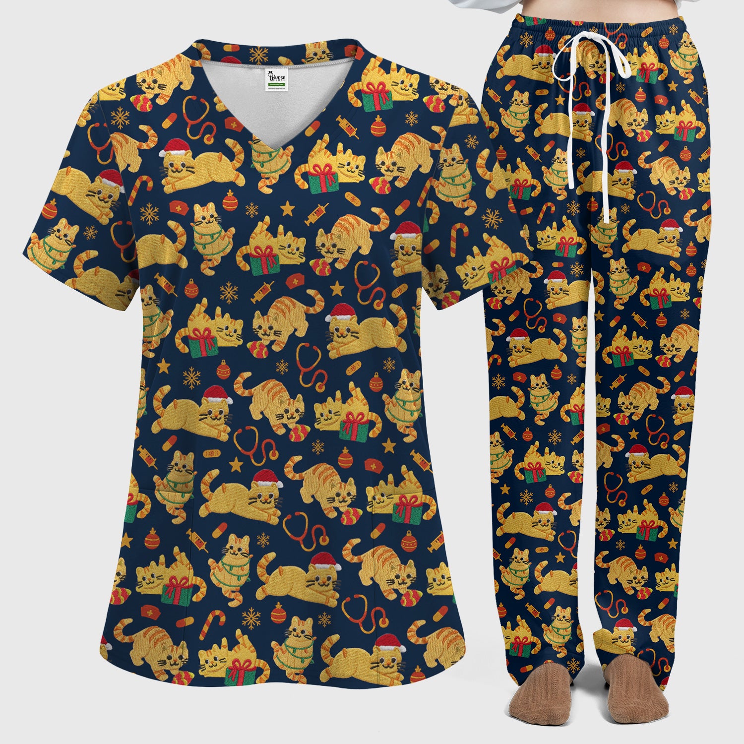 Christmas Cat Nurse Scrub Set, Cute Holiday Kitty Medical Uniform For Nursing