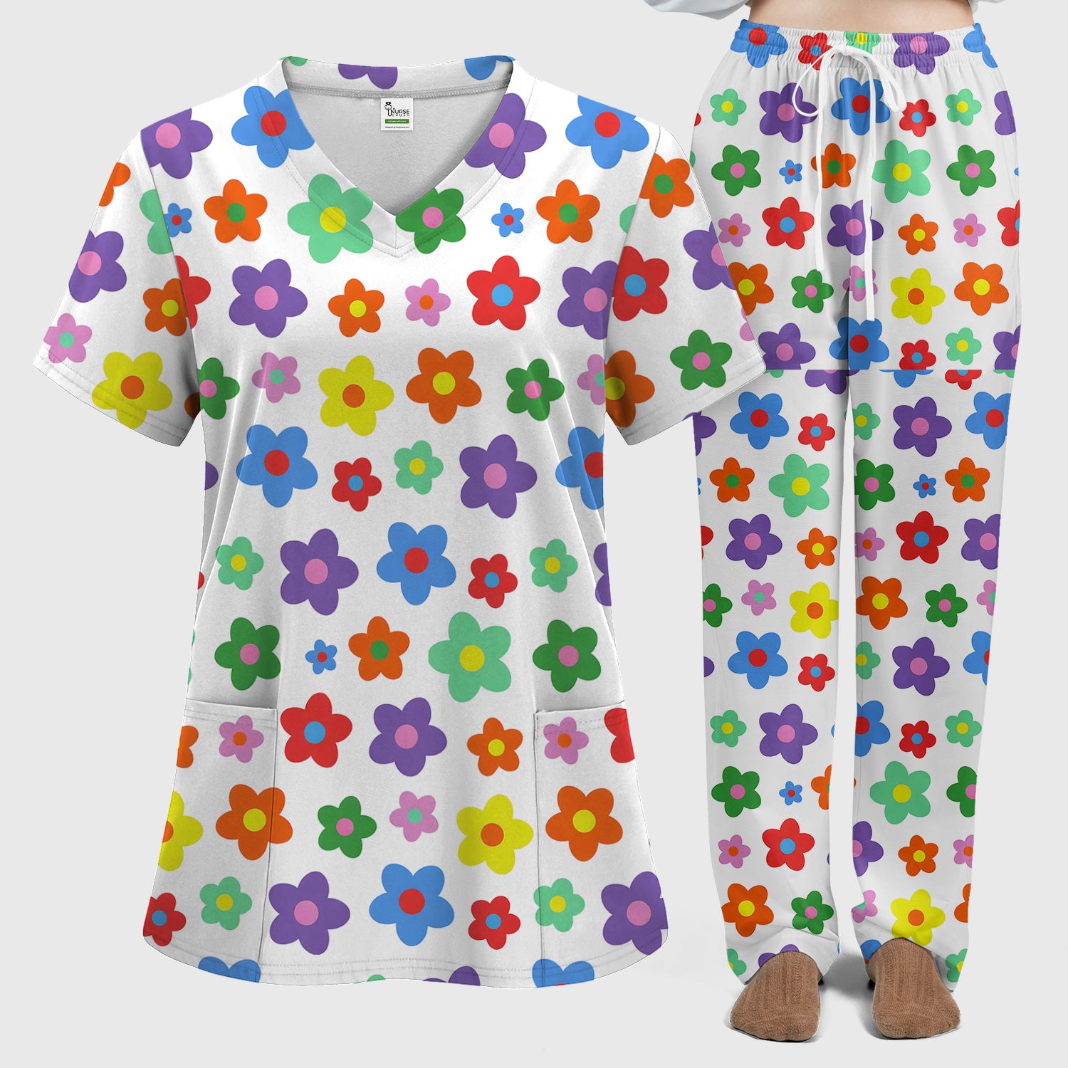 Colorful Retro Flower Pattern Print Scrub Set, Scrub Pants and V Neck Top