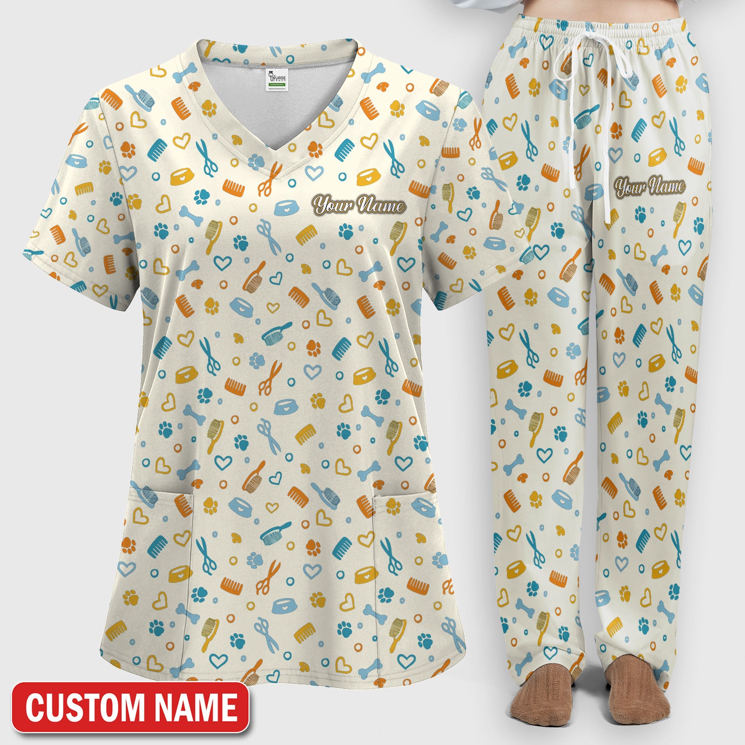 Custom Name Dog Cat Grooming Pattern Scrub Set, Scrub Pants and V Neck Top