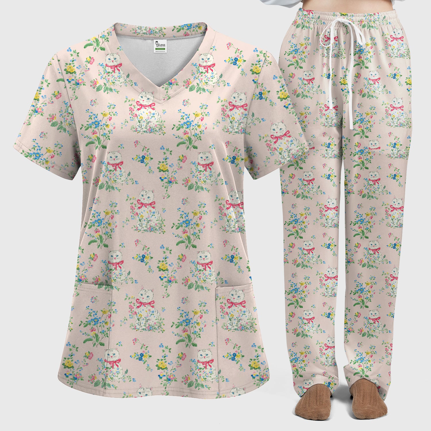 Vintage Floral Cat Print Scrub Set, Scrub Pants and V Neck Top
