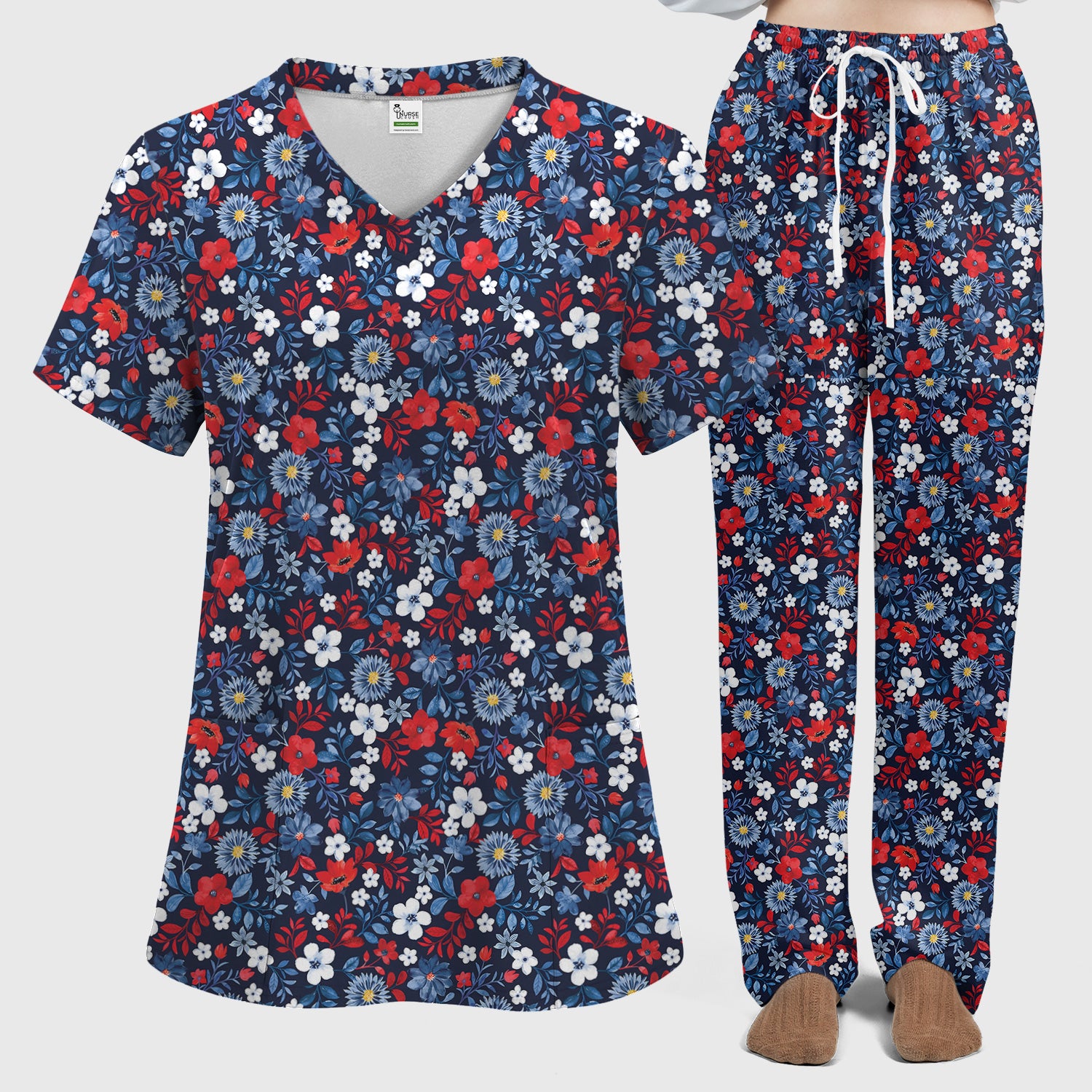 Navy Red Floral Nursing Scrub Set V-Neck, Medical Uniform for Healthcare Staff