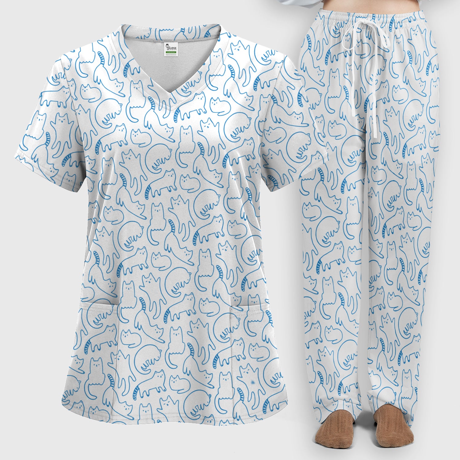 Artistic Cat Pattern Medical Scrub Set, Breathable Fabrics Nursing Uniform