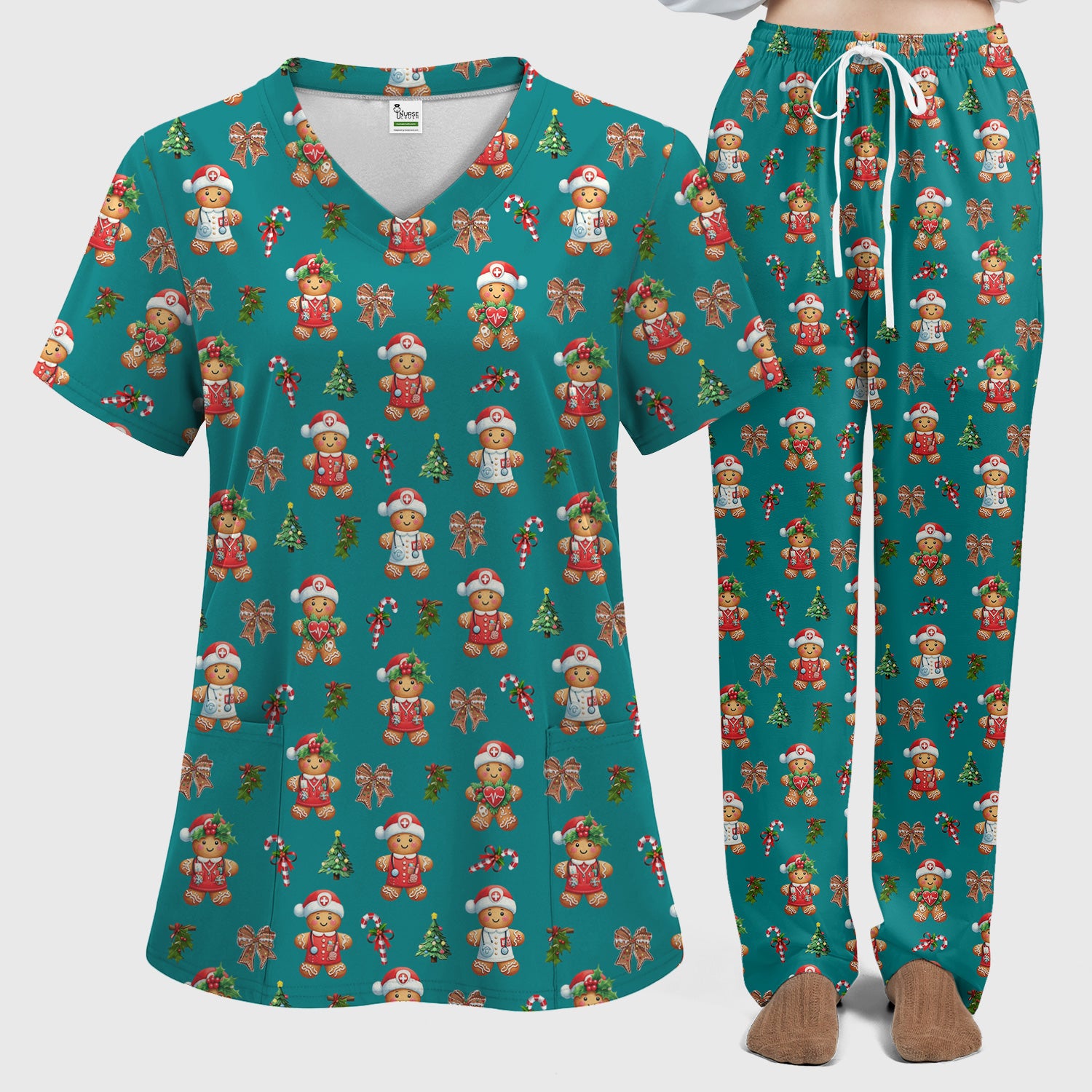 Funny Christmas Scrub Set for Nurse - Adorable Gingerbread Candy Cane Bow- Festive Medical Uniform for Women