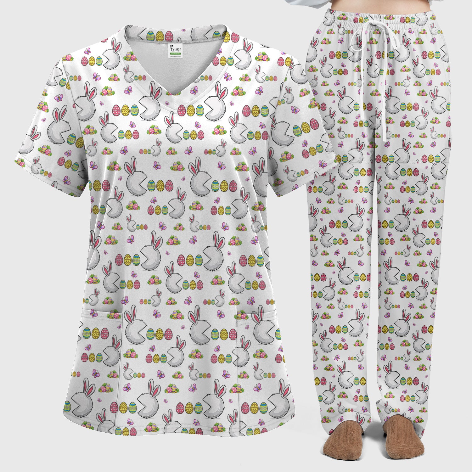Easter Bunny and Colorful Eggs Print Scrub Set, Breathable Med Uniform