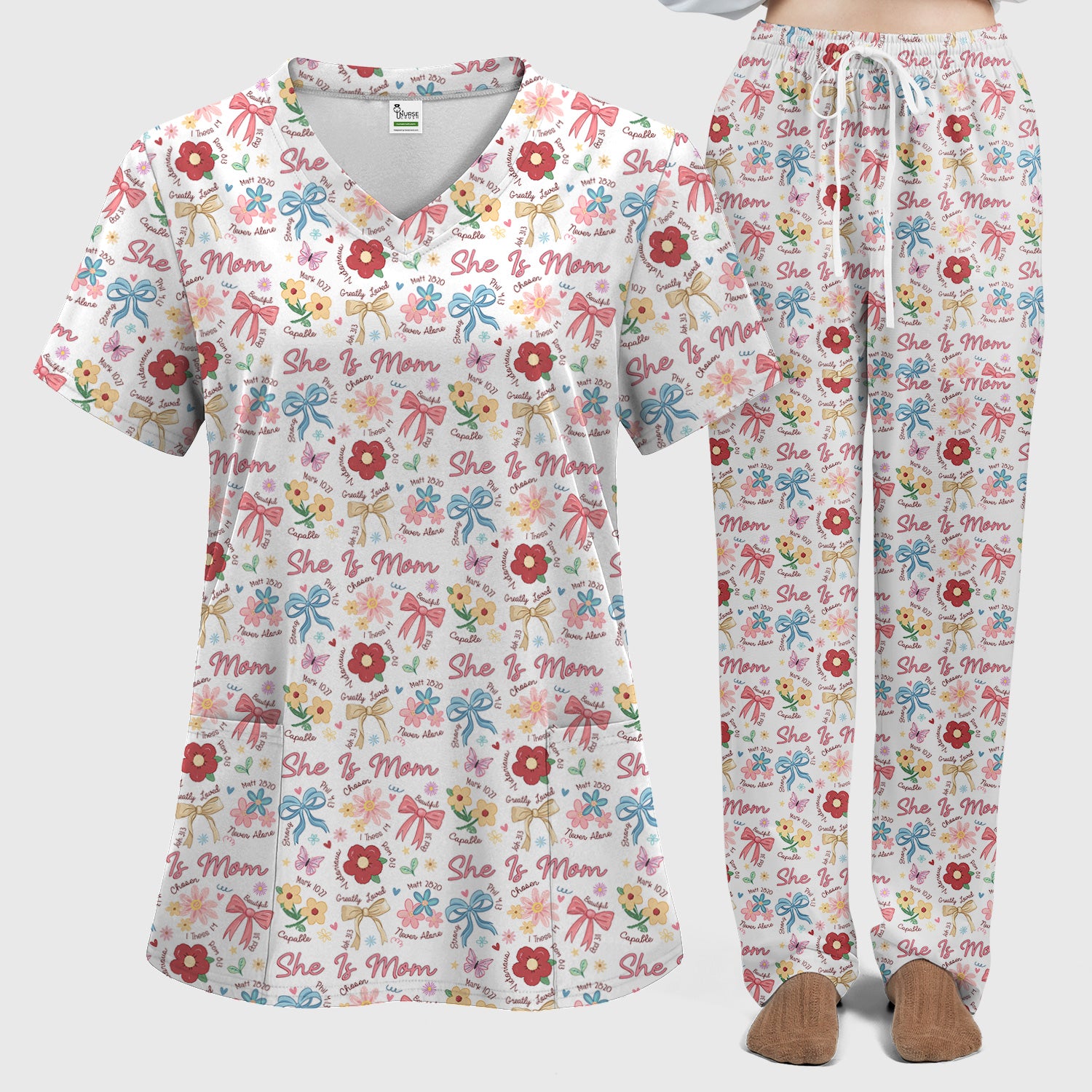 She Is Mom Flower Bow Pattern Scrub Set, Scrub Pants and V Neck Top