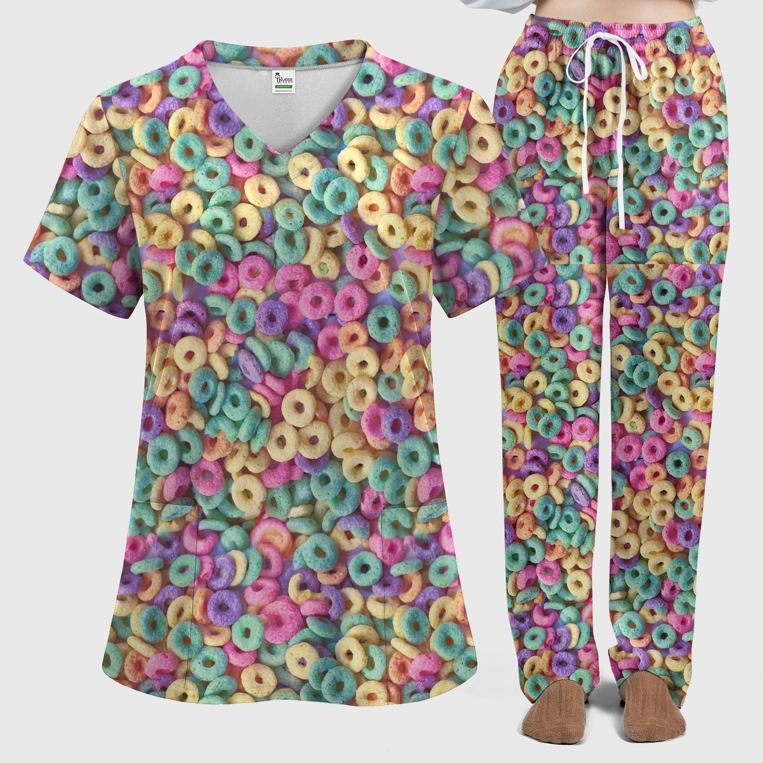 Colorful Cereal Loops Pattern Scrub Set, Scrub Pants and V Neck Top