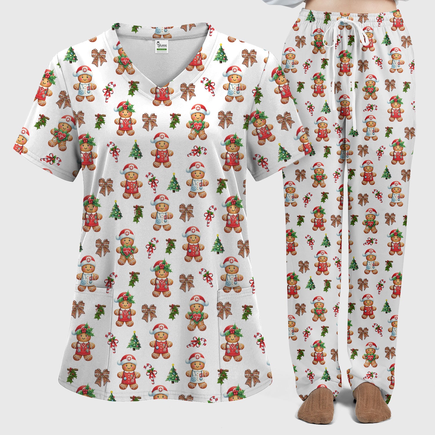 Funny Christmas Scrub Set for Nurse - Adorable Gingerbread Candy Cane Bow- Festive Medical Uniform for Women