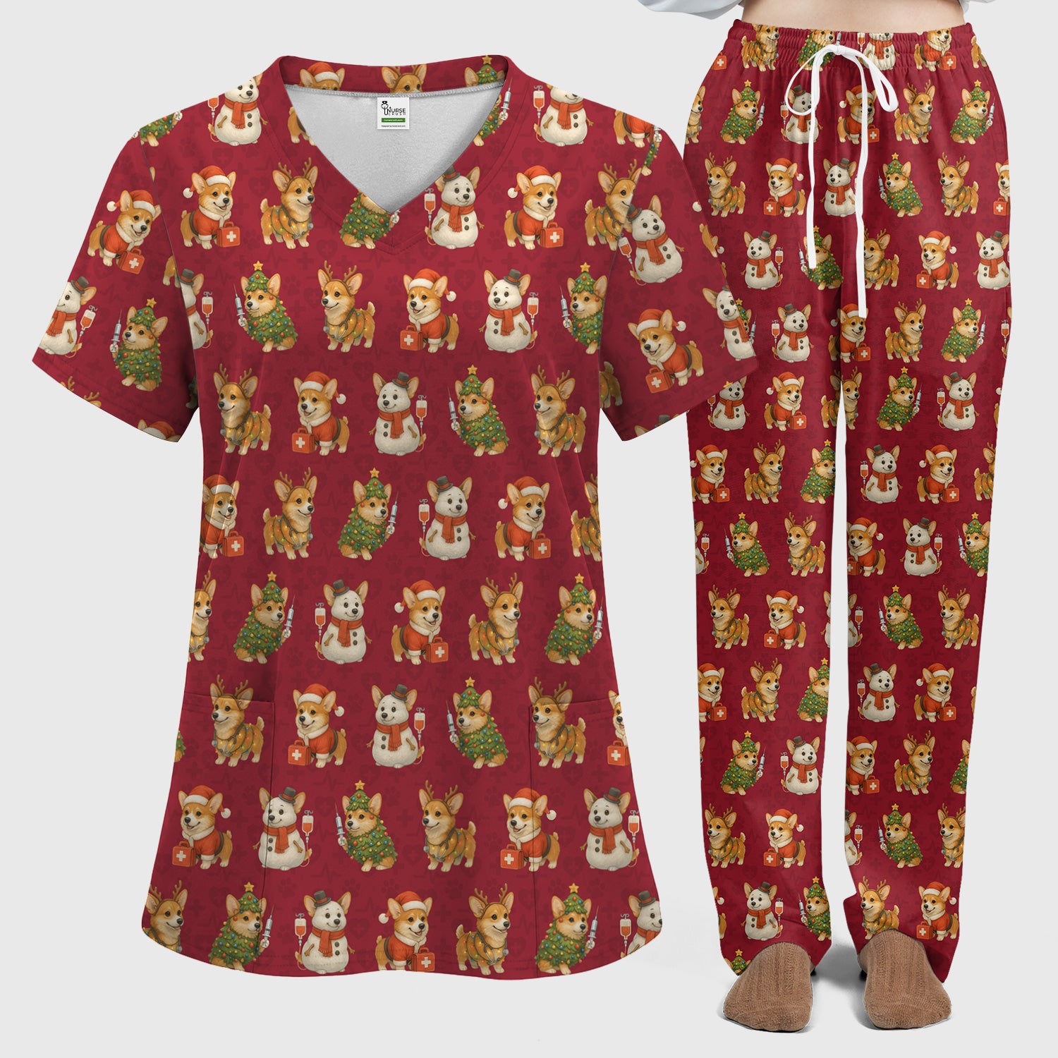 Corgi Christmas Scrubs Set - Adorable Festive Scrub Top & Pants - Fun Holiday Corgi Scrubs Perfect for Nurse Gift Season