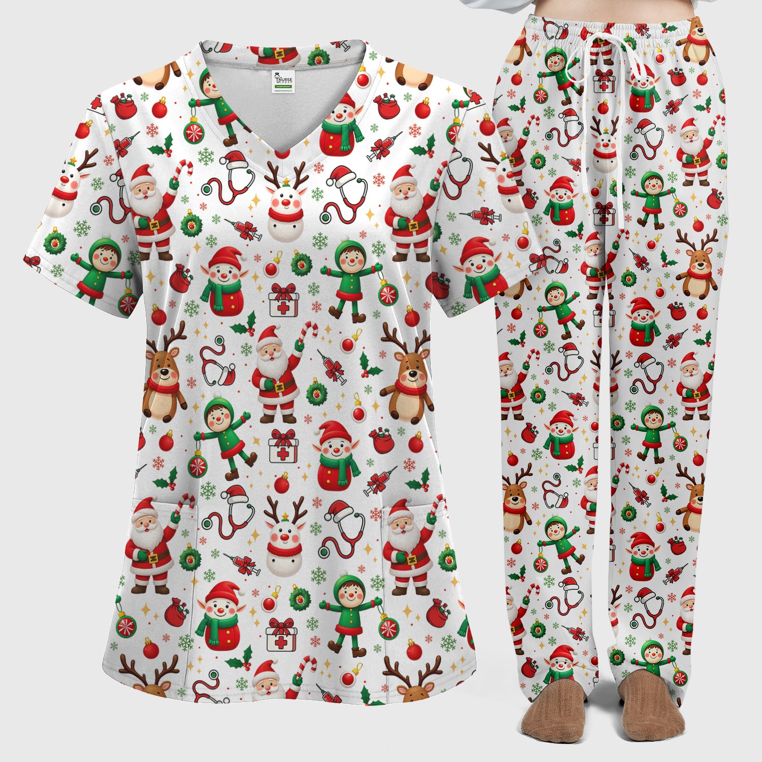 Christmas Comfortable Scrubs for Nurses - Cute Santa Reindeer Scrubs Pants and V Neck Top - Festive Holiday Med Uniform for Women
