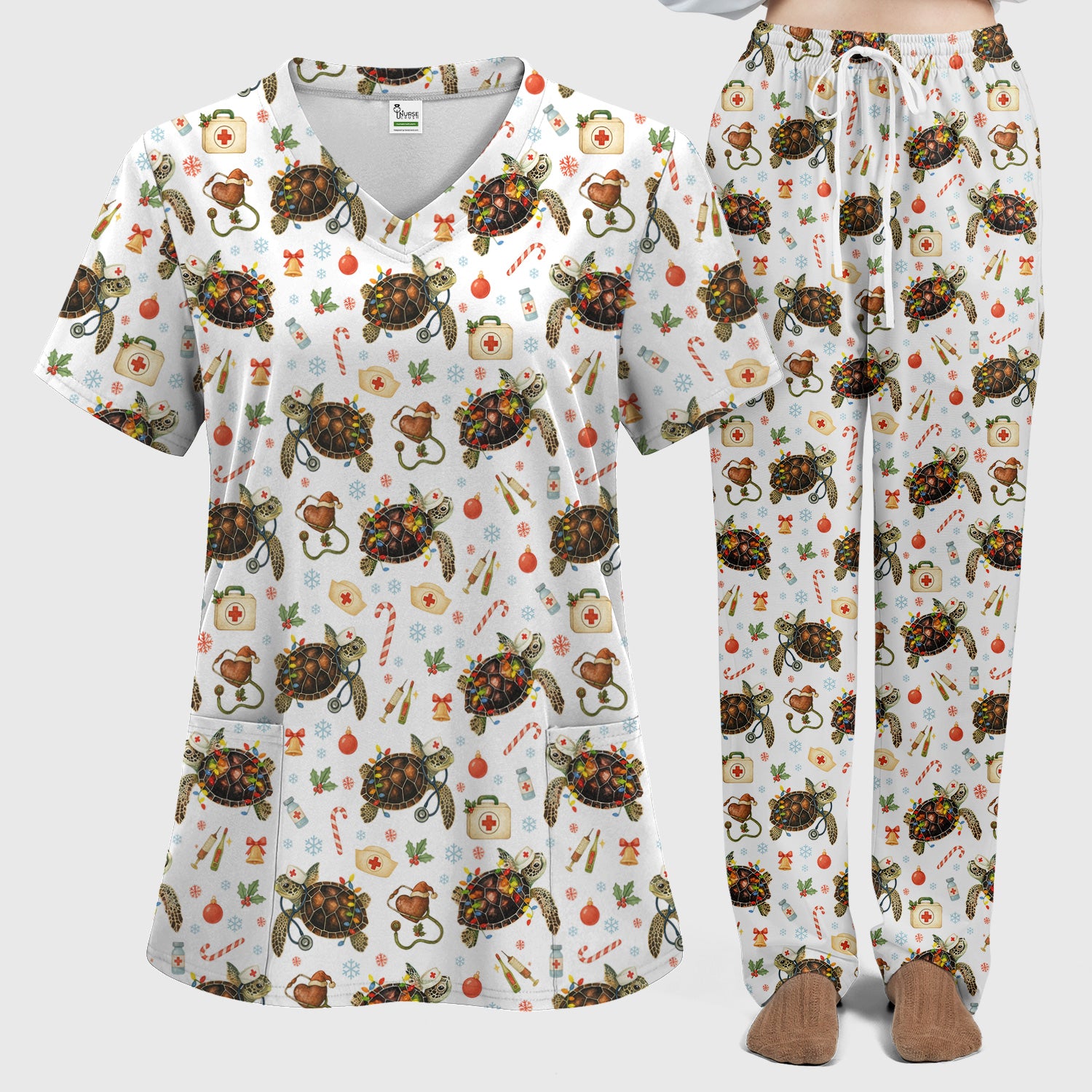 Funny Christmas Scrub Set - Sea Turtle with Xmas Lights Scrubs Pants and V Neck Top - Holiday Nurse Med Uniform for Women