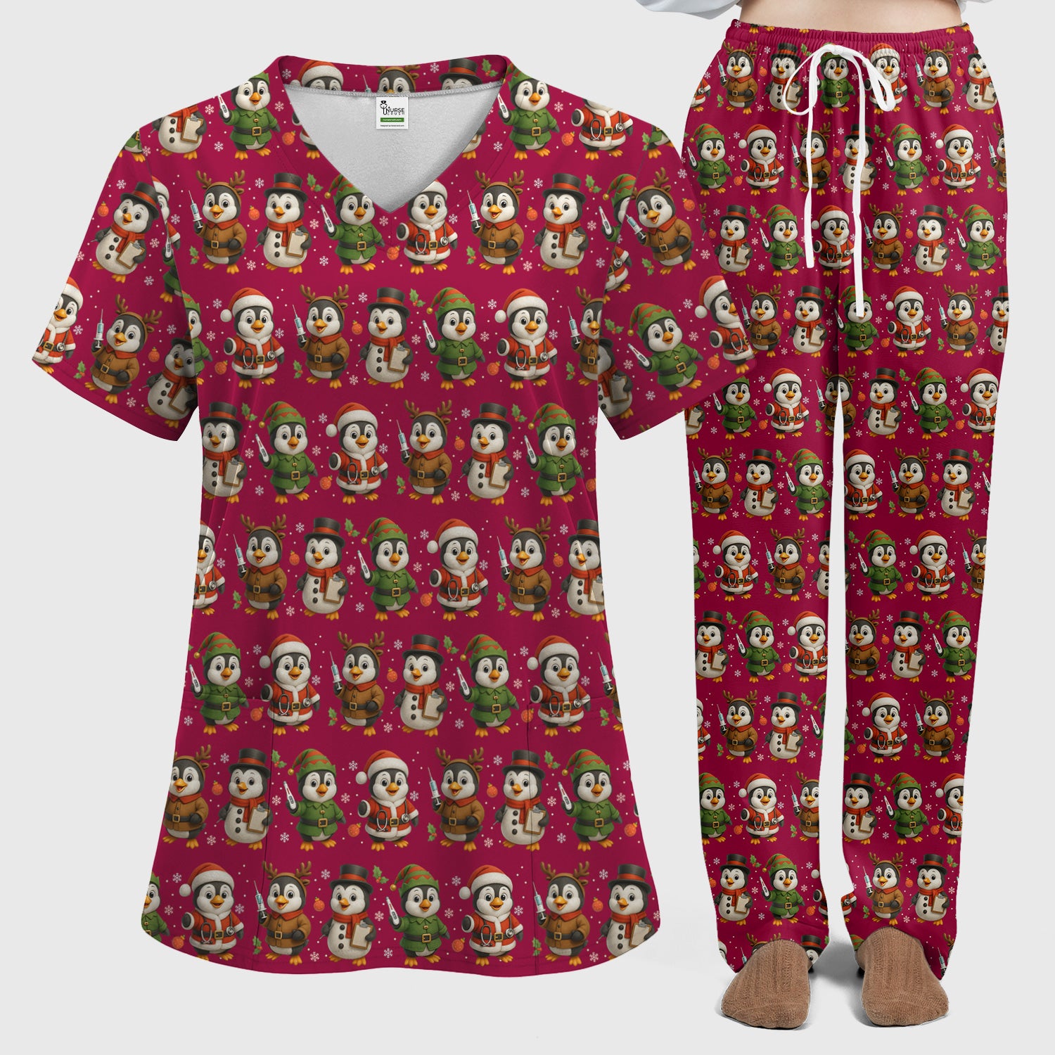 Penguin Christmas Scrubs Set - Adorable Holiday Pattern Scrub Top & Pants - Cute Penguin Scrubs for Women Christmas Season