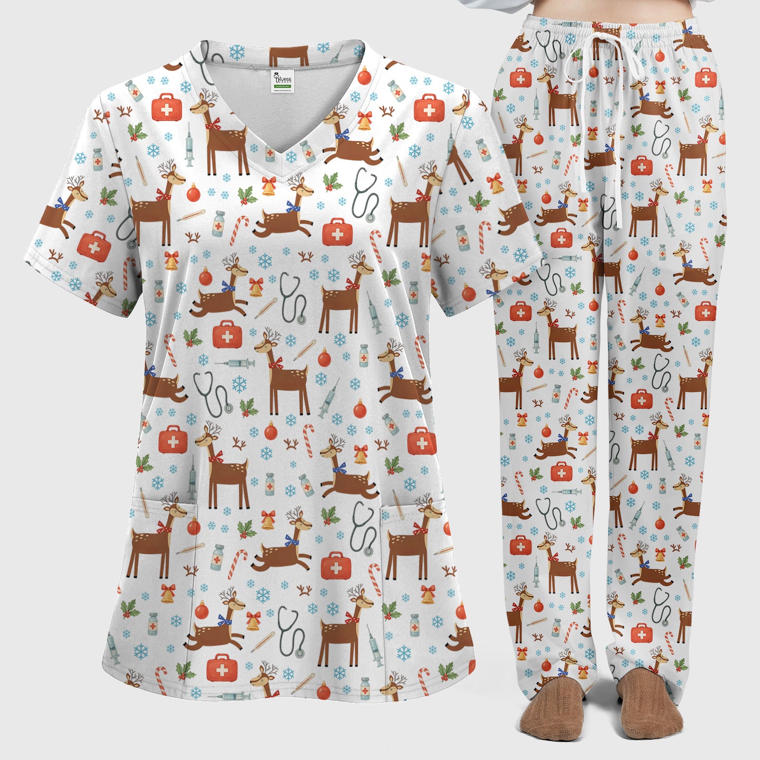 Christmas Reindeer Scrub Set for Nurses - Cute Reindeers Snowflakes Candy Canes - Comfortable Med Uniform