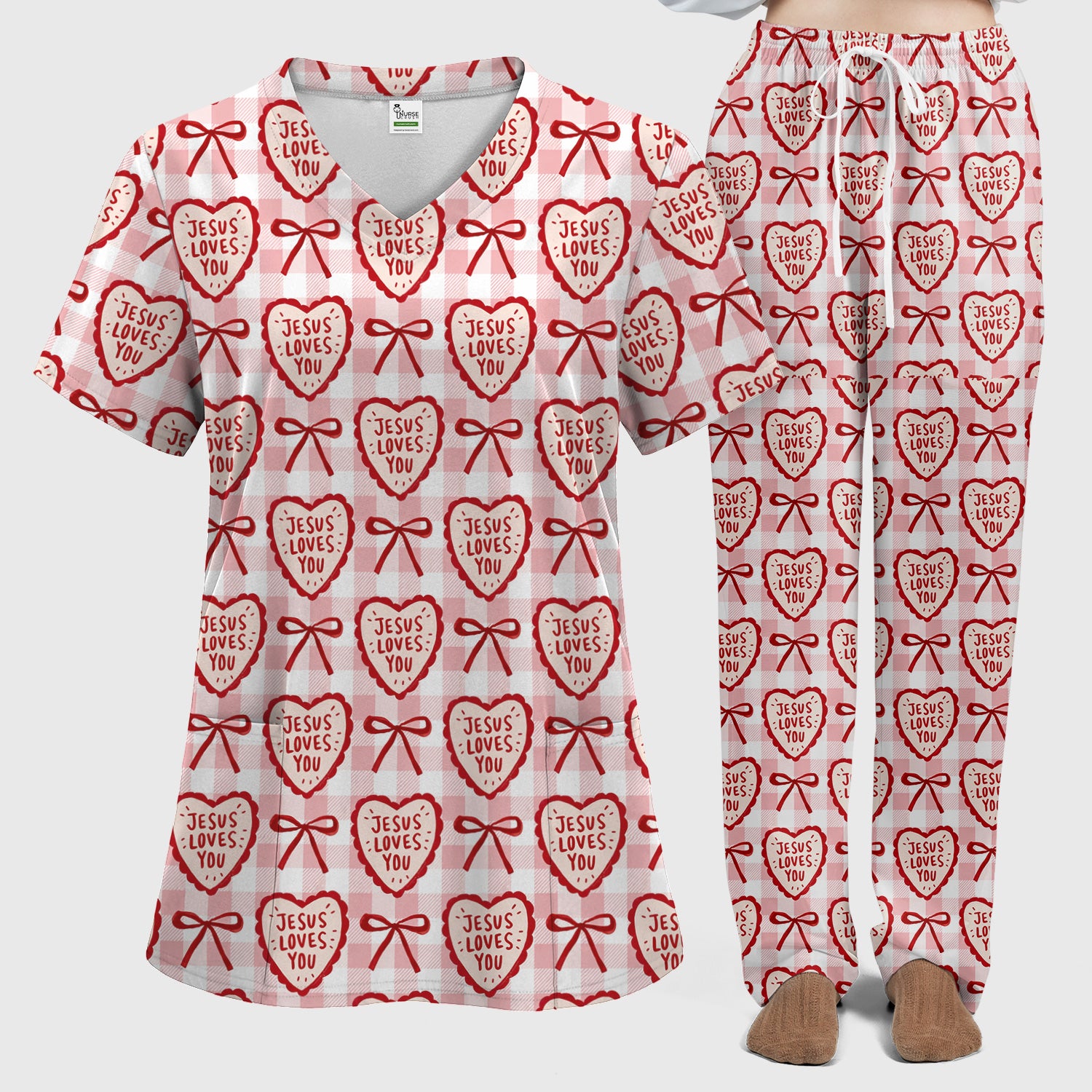 Jesus Loves You Heart Plaid Scrub Set, Scrub Pants and V Neck Top