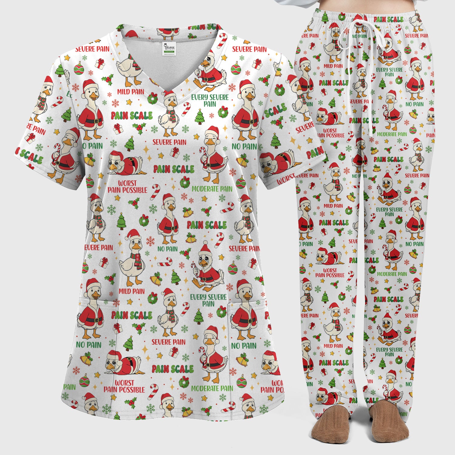 Funny Goose Christmas Scrub Set - Pain Scale Scrubs Pants and V Neck Top - Cute Holiday Medical Uniform for Women