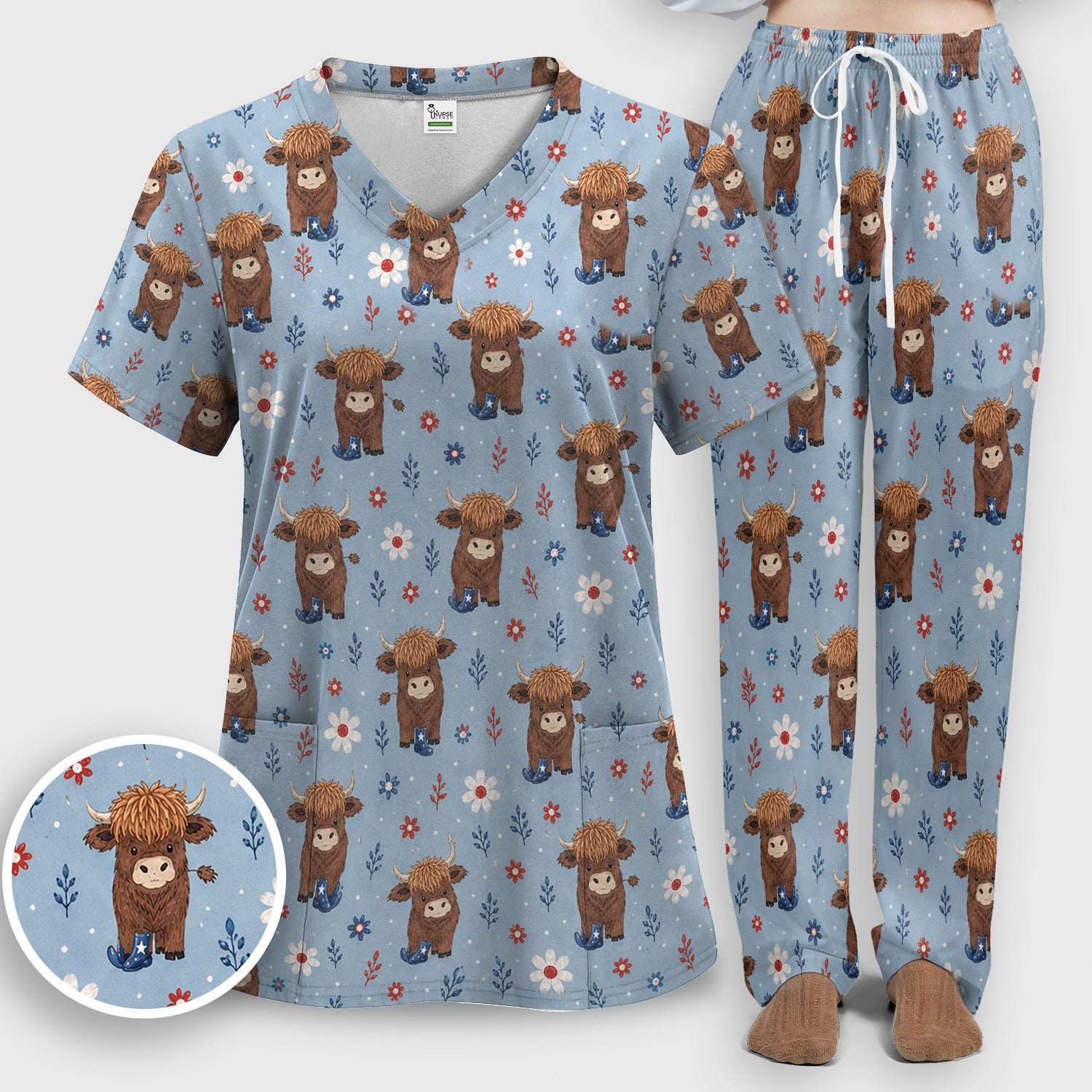 Floral Cowboy Boots Pattern Scrub Set, Scrub Pants and V Neck Top