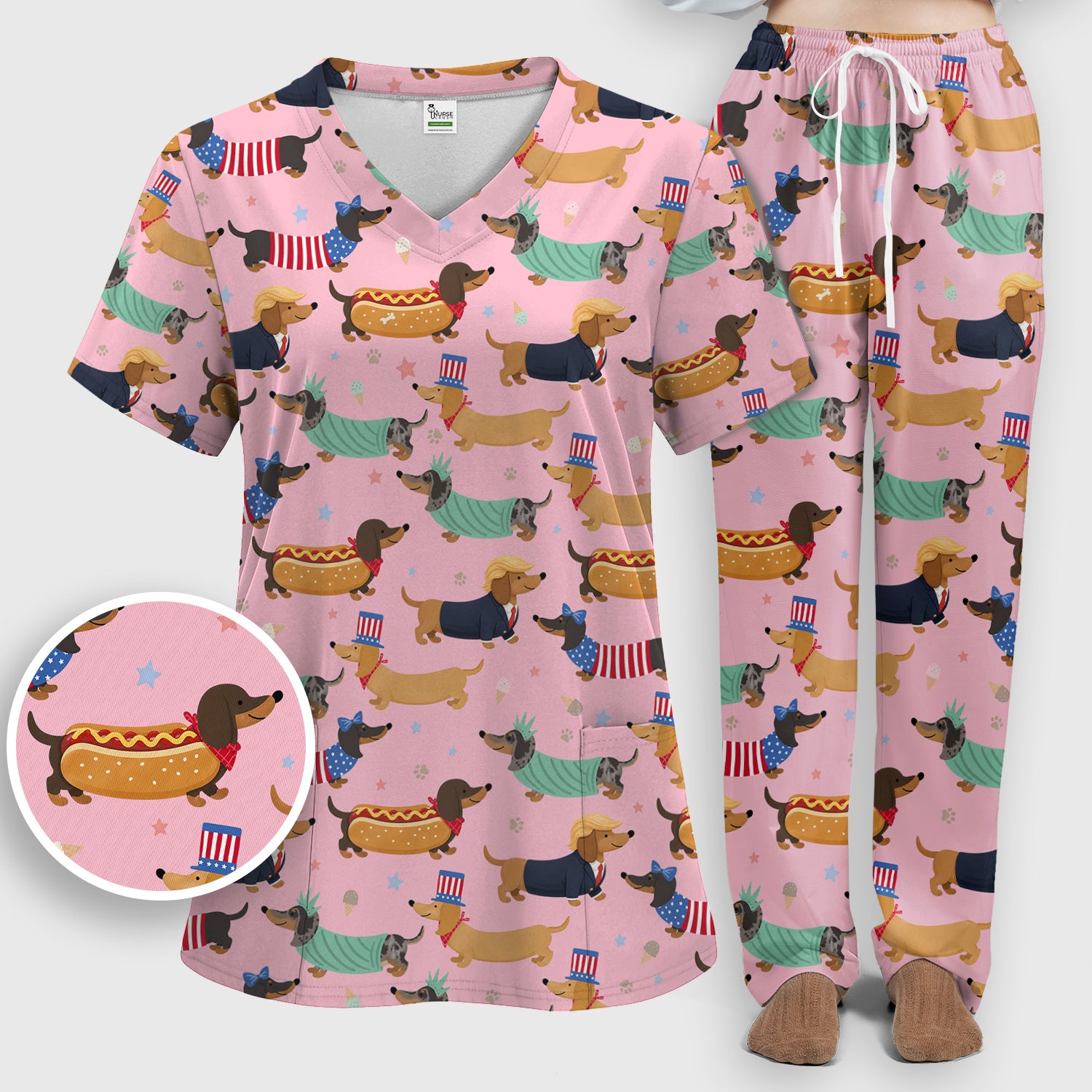 Funny Patriotic Dachshund Costume Dogs Scrub Set, Women's Scrub Sets