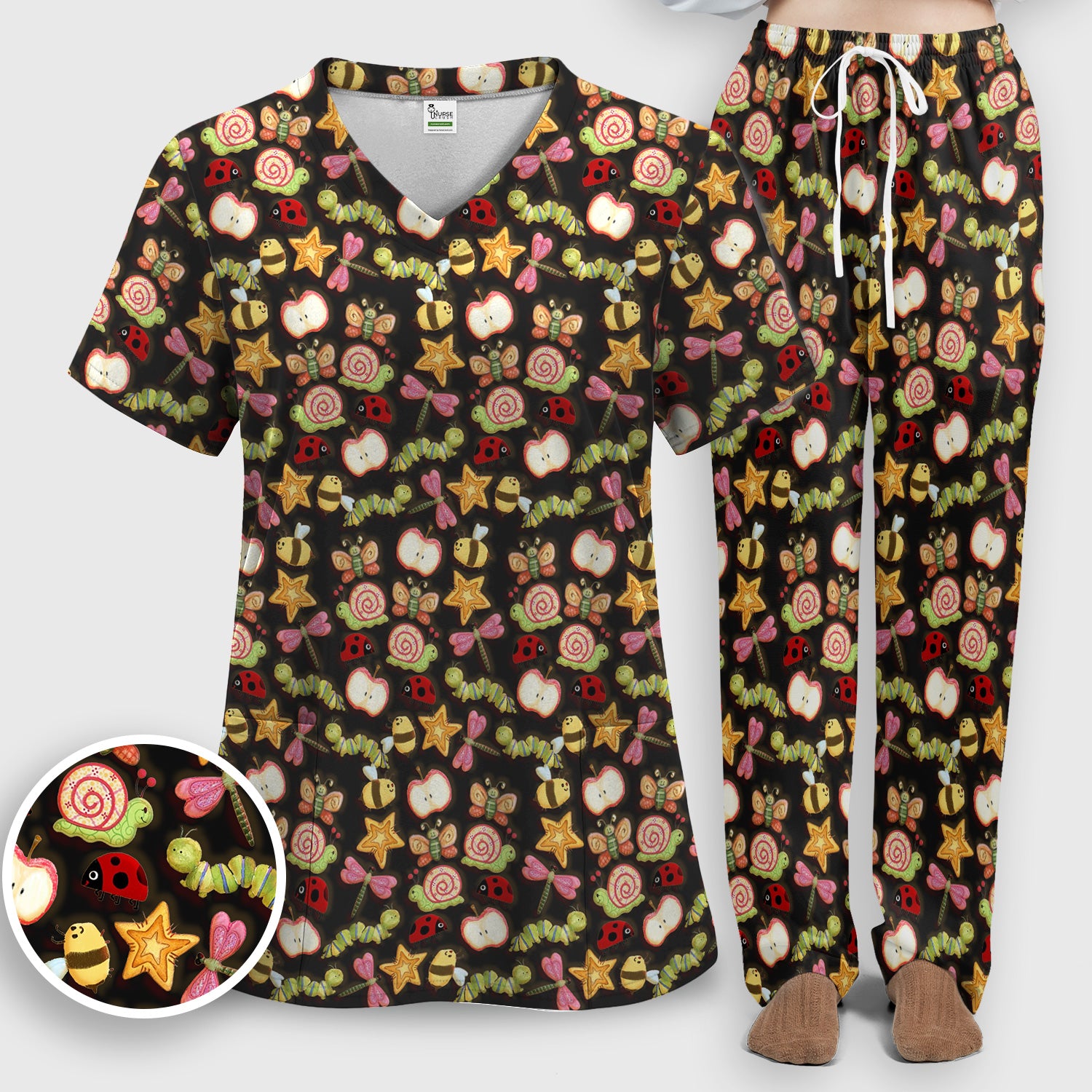 Cute Nurse Snail Ladybug Caterpillar Apple Garden Pattern Scrub Set, Breathable Med Uniform