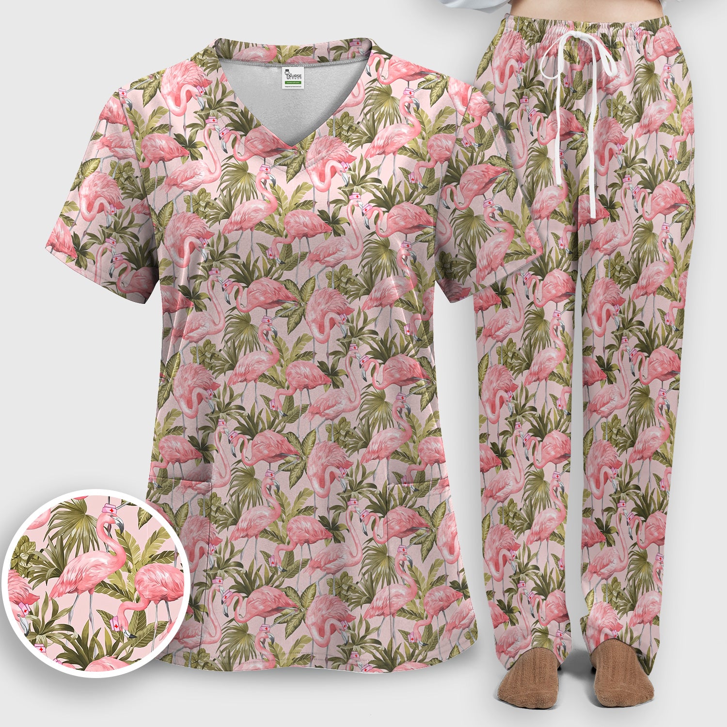 Pink Flamingo Jungle Leaves Pattern Scrub Set, Scrub Pants and V Neck Top