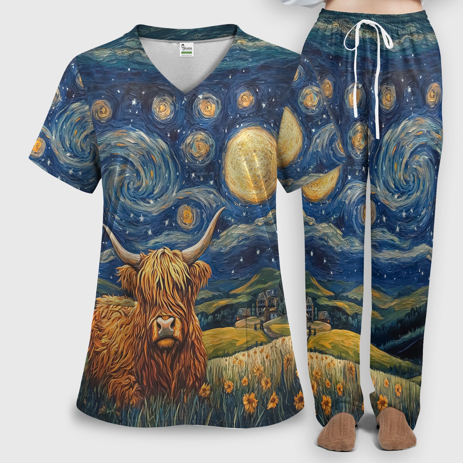 Artistic Highland Cow Starry Night Scene Pattern Scrub Set, Scrub Pants and V Neck Top