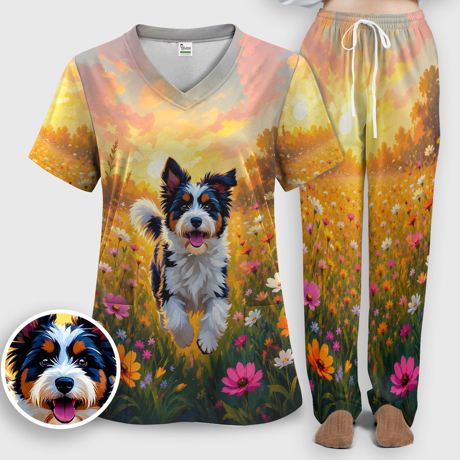 Cute Floral Meadow Dog Print Scrub Set, Scrub Pants and V Neck Top