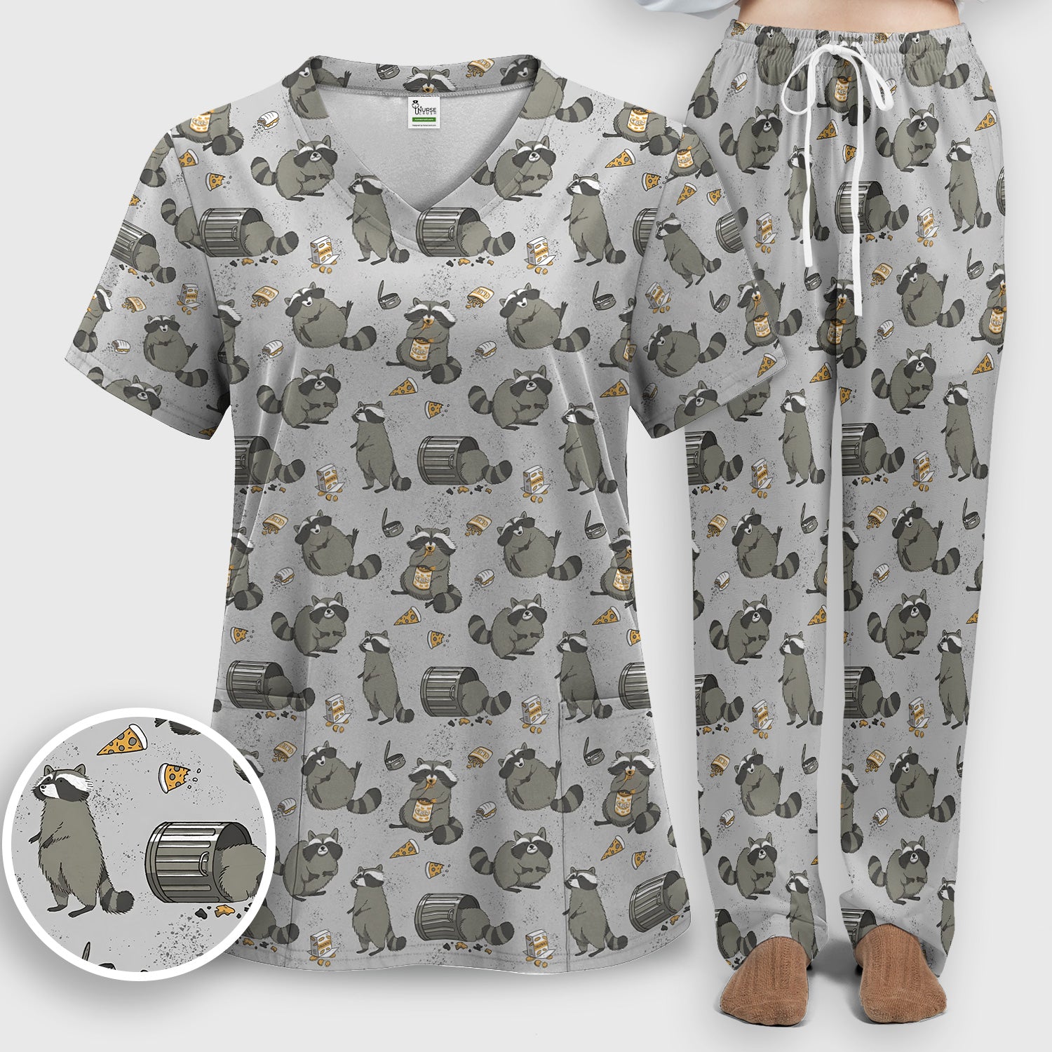 Raccoon Snack And Trash Can Pattern Scrub Set, Breathable Med Uniform