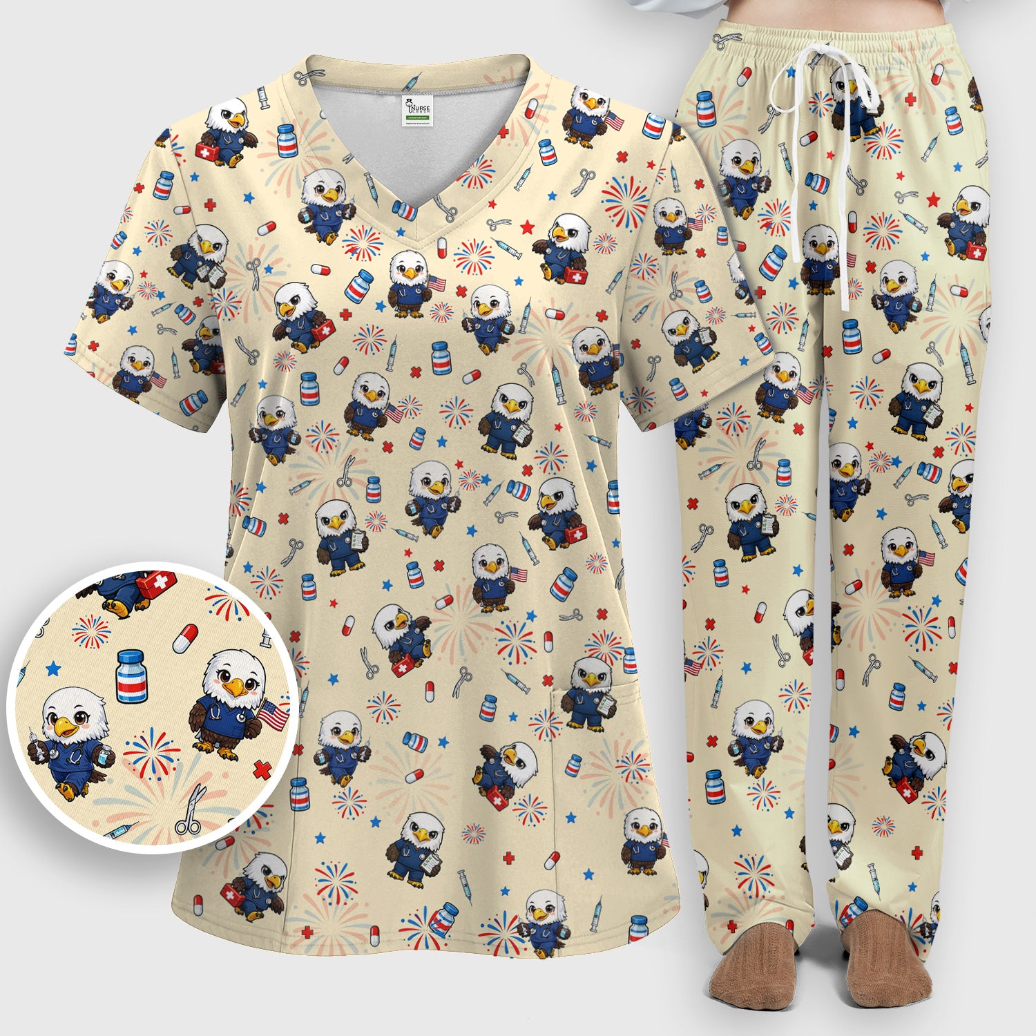 Patriotic Nurse Eagle Fireworks Medical Pattern Scrub Set, Women's Scrub Sets