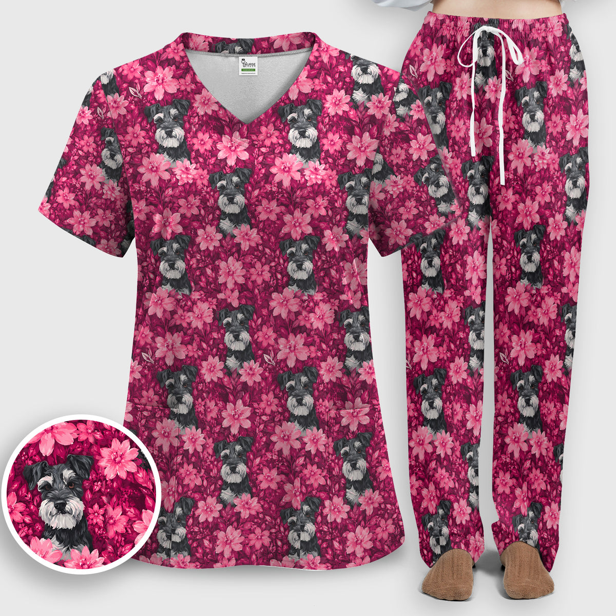 Pink Floral Schnauzer Pattern Scrub Set, Scrub Pants and V Neck Top