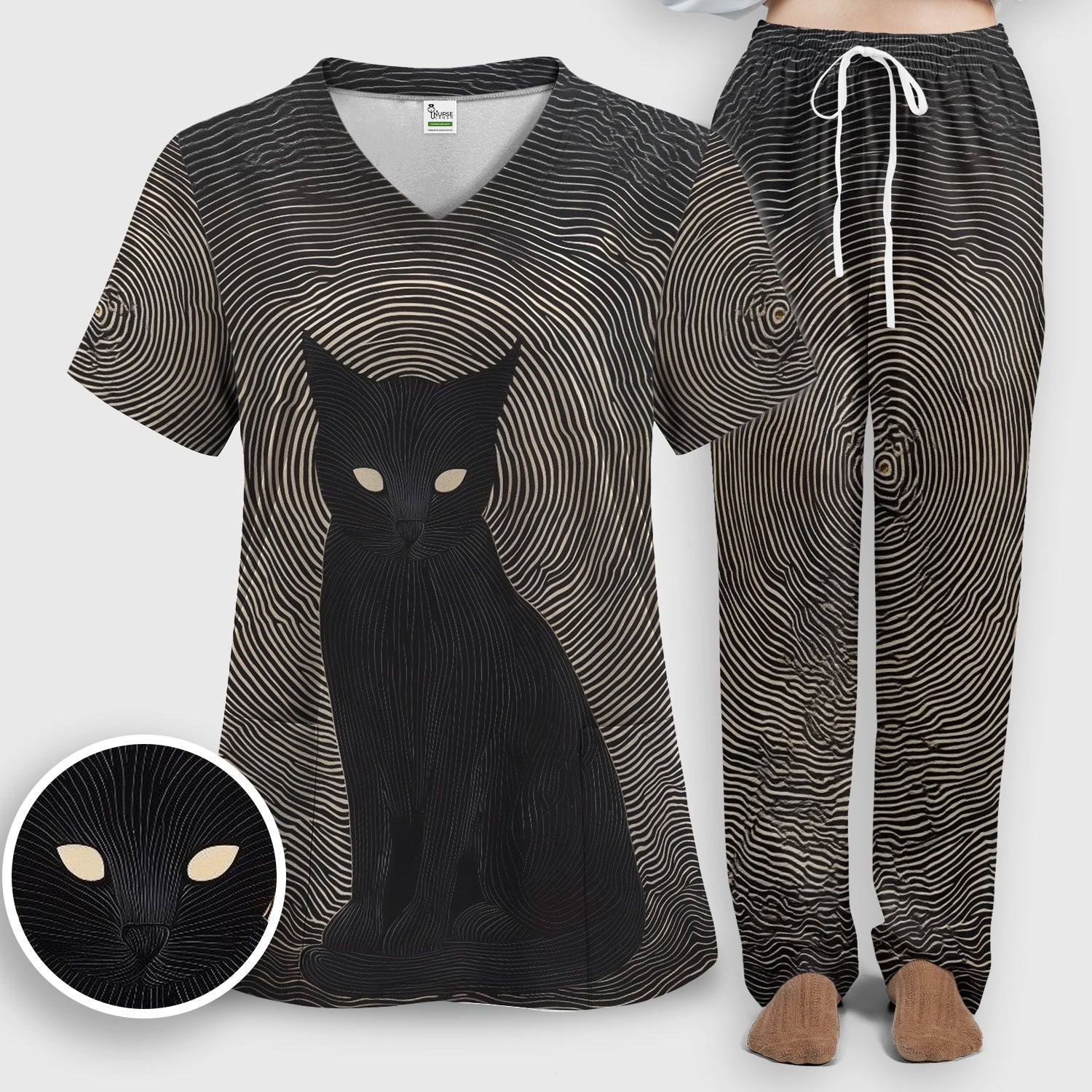 Black Cat Line Art Print Scrub Set, Scrub Pants and V Neck Top