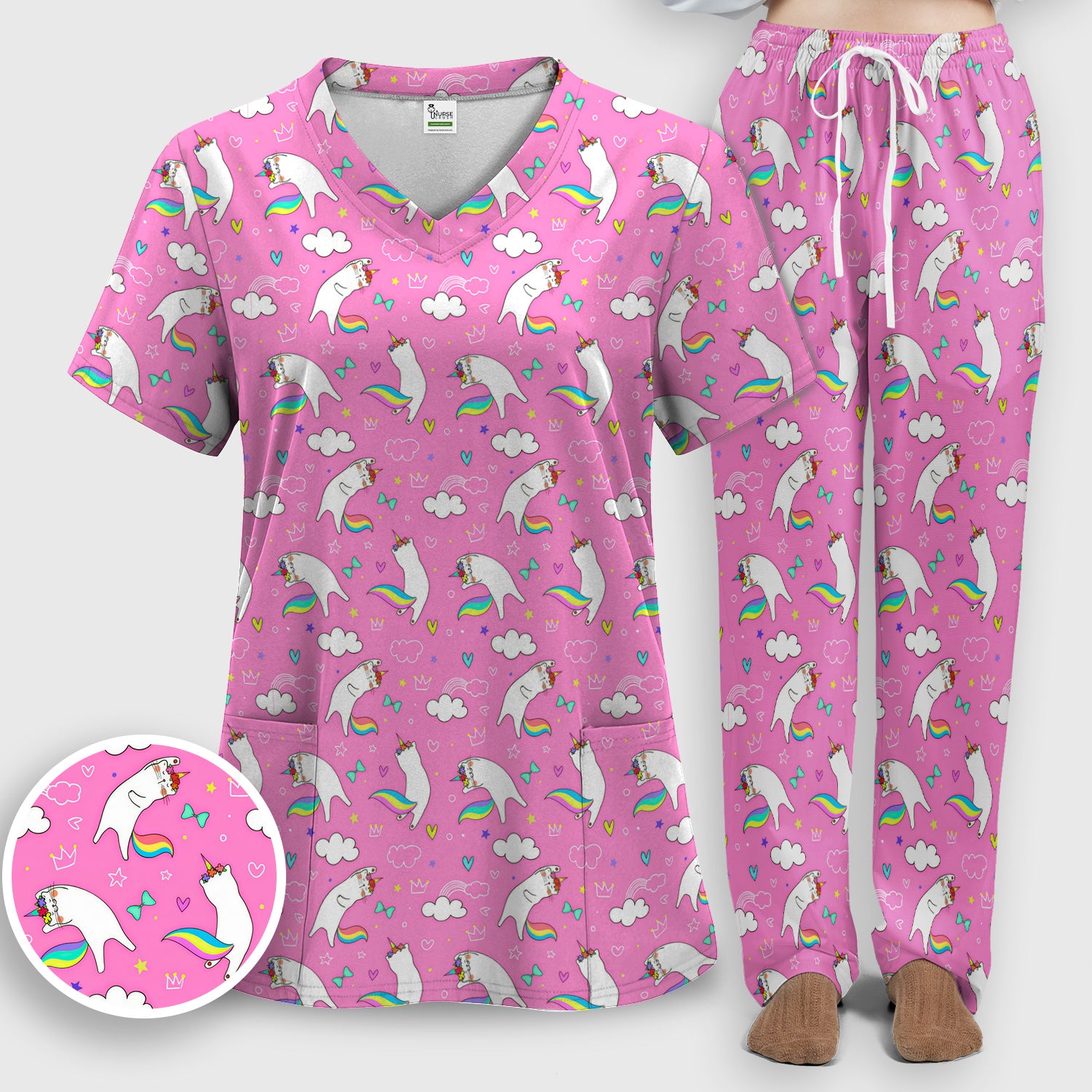 Unicorn Cat With Rainbow Tail Clouds Scrub Set, Scrub Pants and V Neck Top