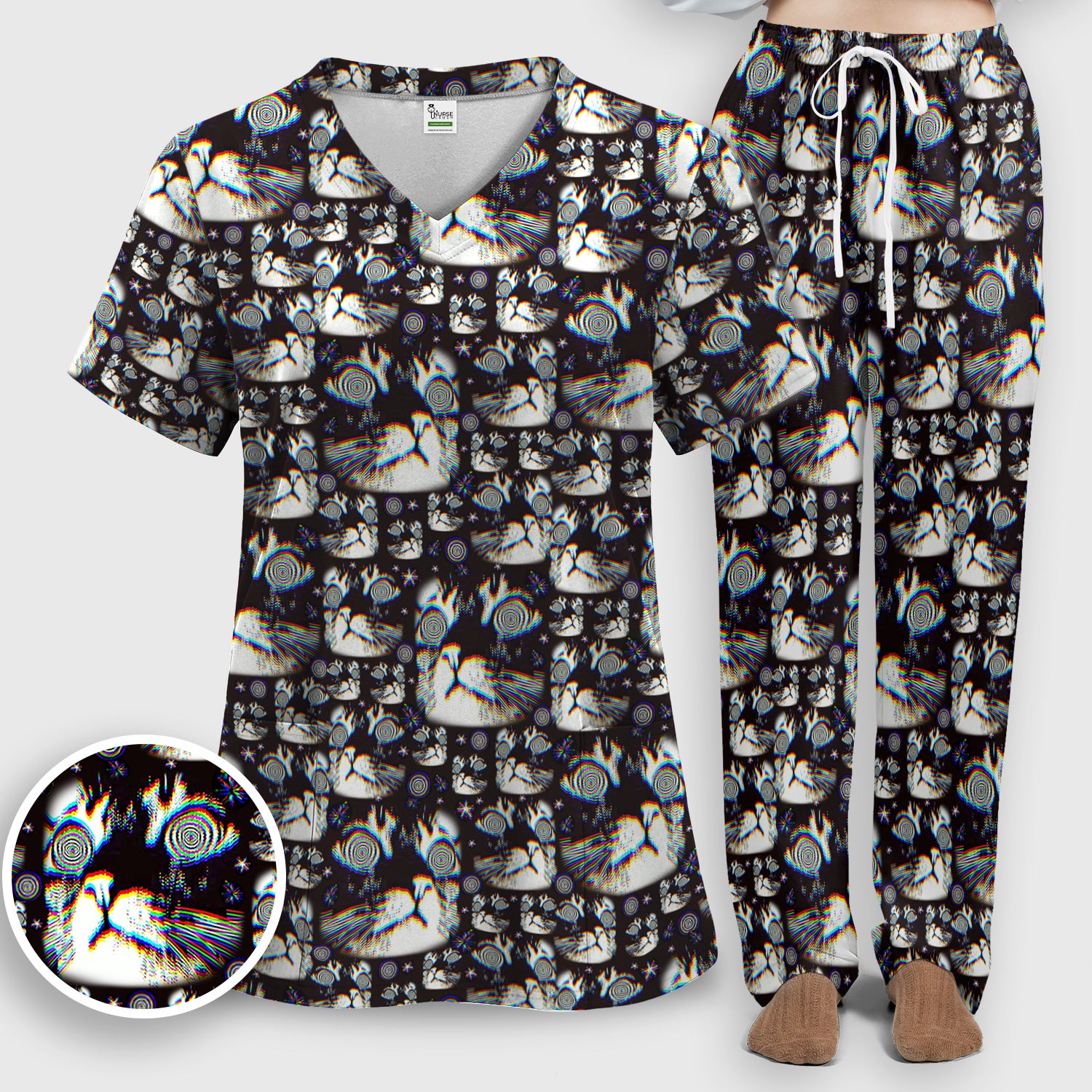 Funny Cosmic Cat Eye Spiral Pattern Scrub Set, Scrub Pants and V Neck Top